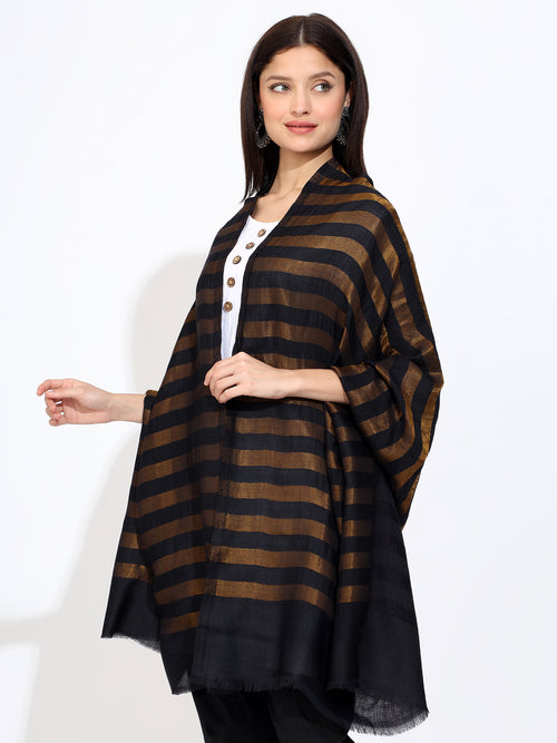 Pashmina Wool Zari Large Stripes Stole Black