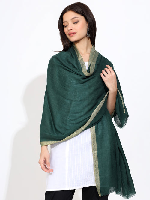 Green Pashmina Wool Zari Kandi Border Stole