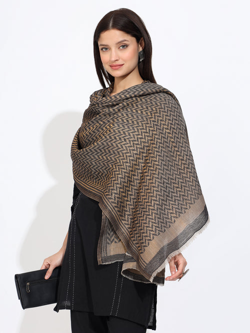 Grey Pashmina Wool Zari Chevron Pattern Stole