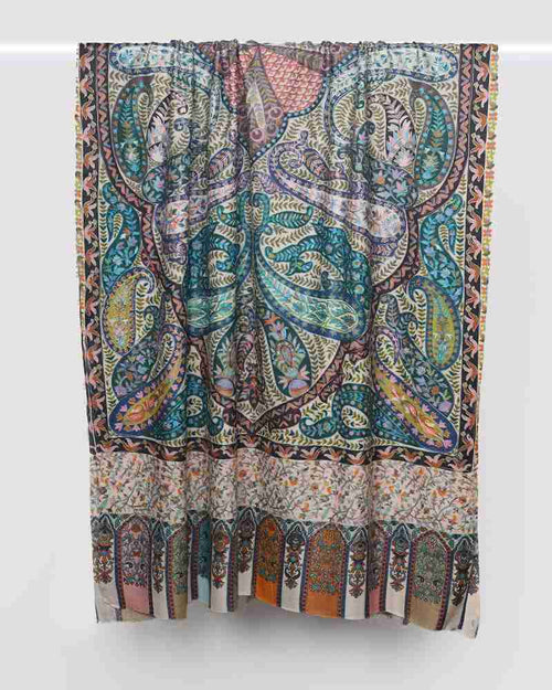 Pashmina Wool Kalamkari Embroidery Shawl Cream