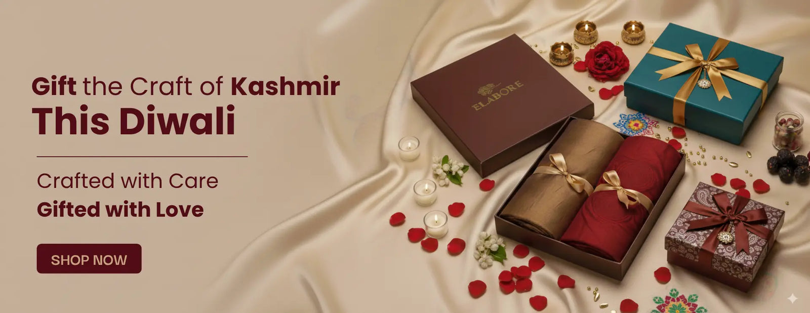 Diwali Corporate Gifts 2026 — handcrafted Kashmiri shawls and Pashmina stoles in branded gift boxes by Elabore