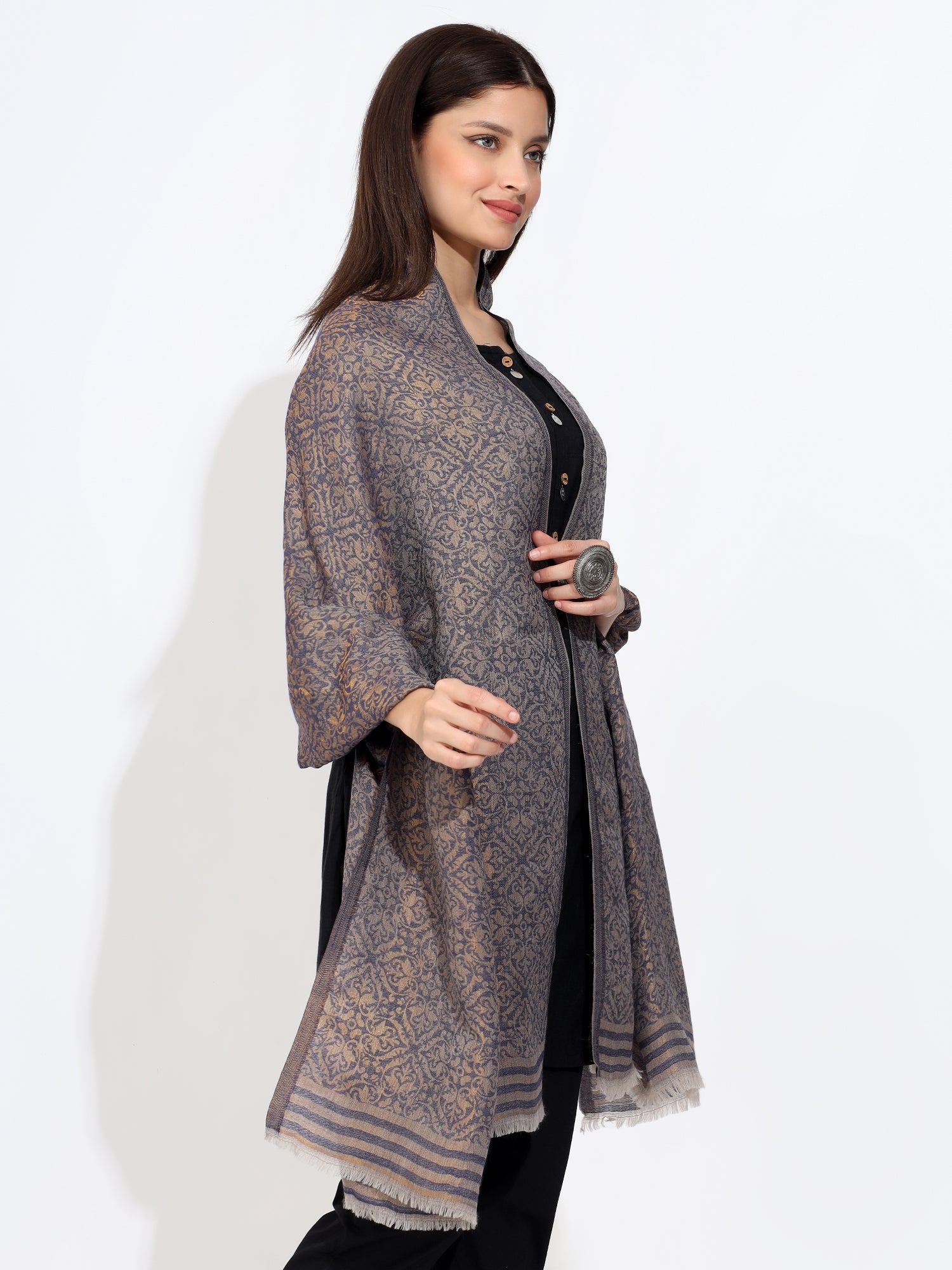 Pashmina Wool Self Zari Stole Blue