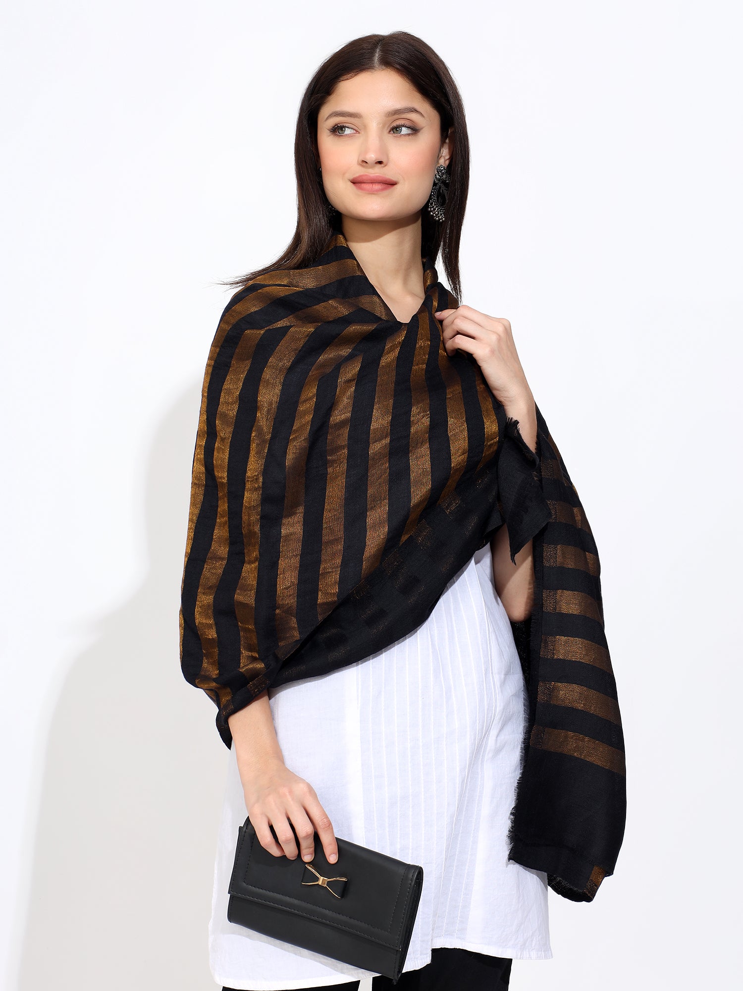 Pashmina Wool Zari Large Stripes Stole Black