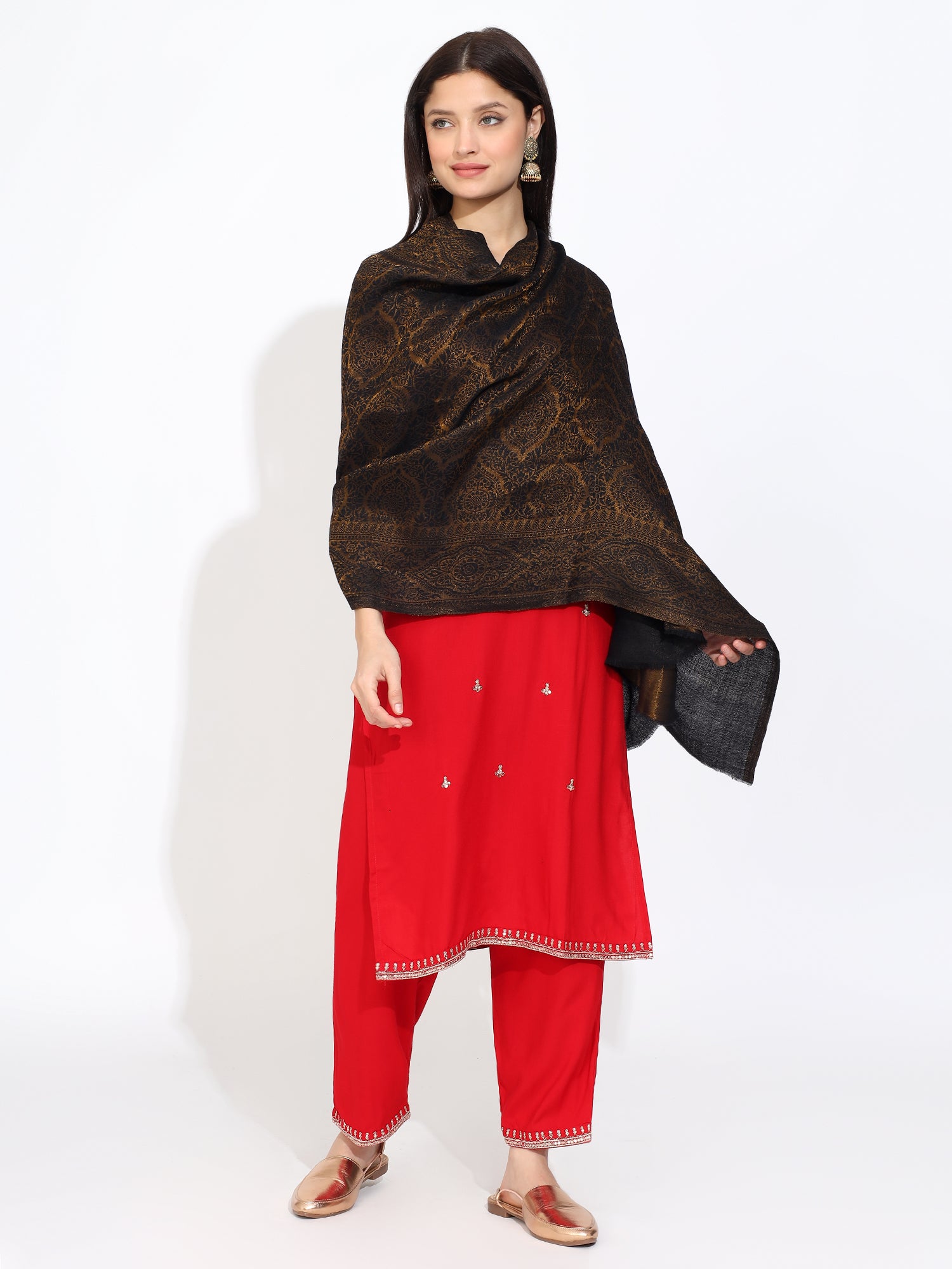 Navy Blue Pashmina Stole with Self Zari Work