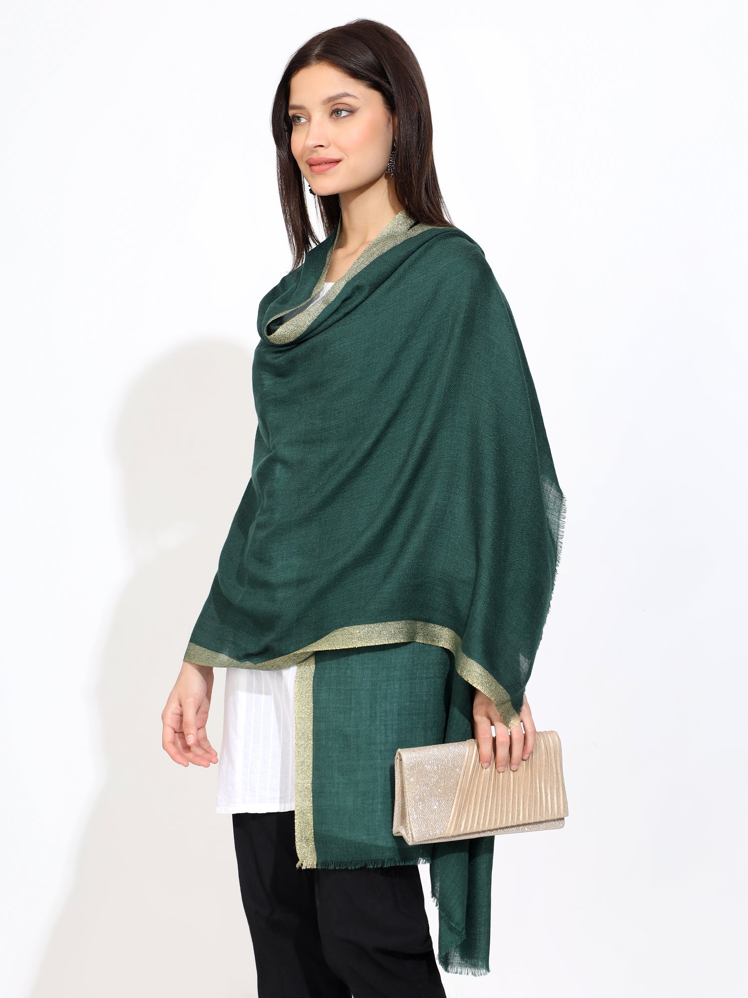 Green Pashmina Wool Zari Kandi Border Stole for Women – Elegant Lightweight Luxury Shawl