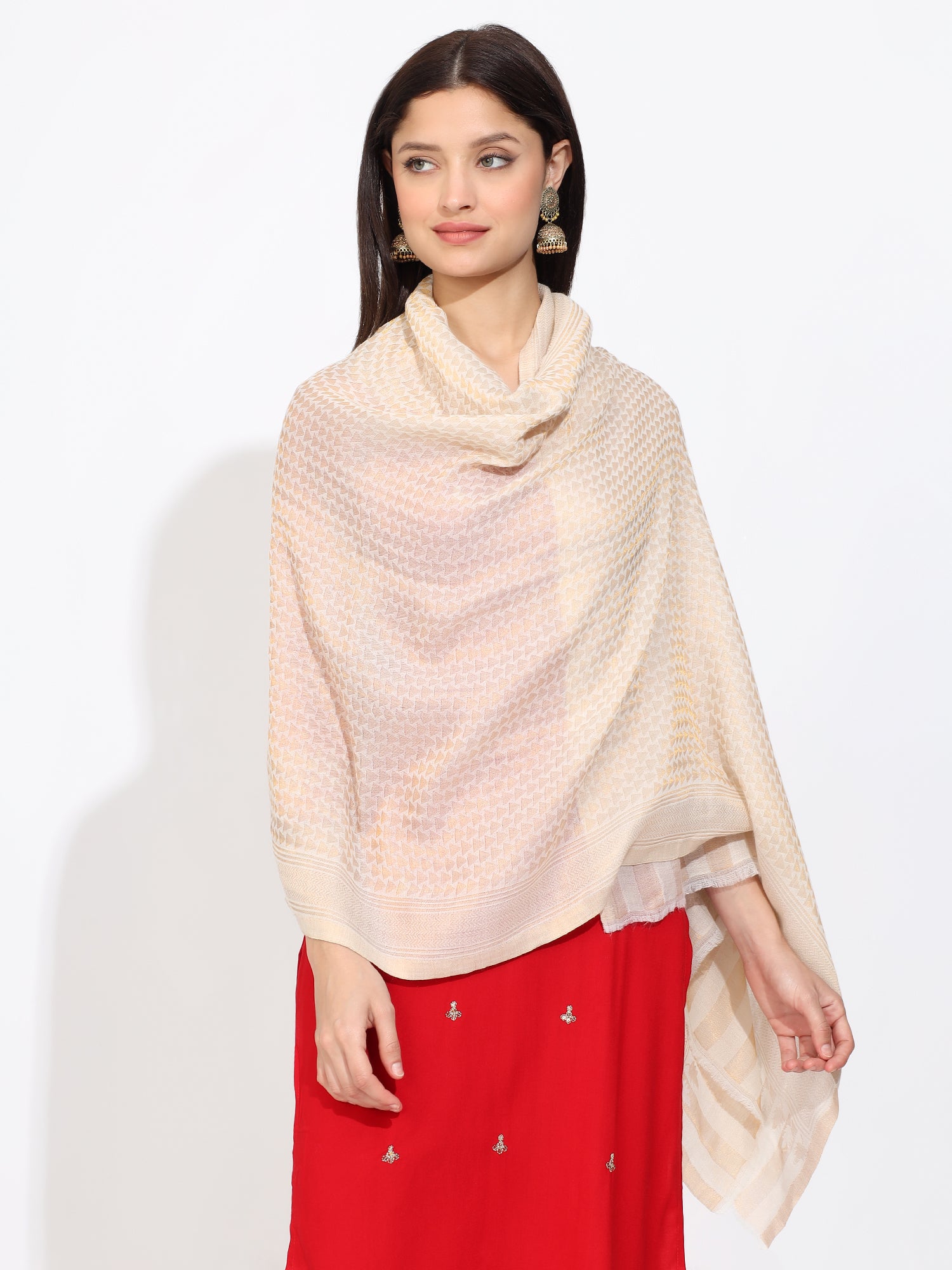 Pashmina Wool Diamond Pattern Self Zari Stole- Off White