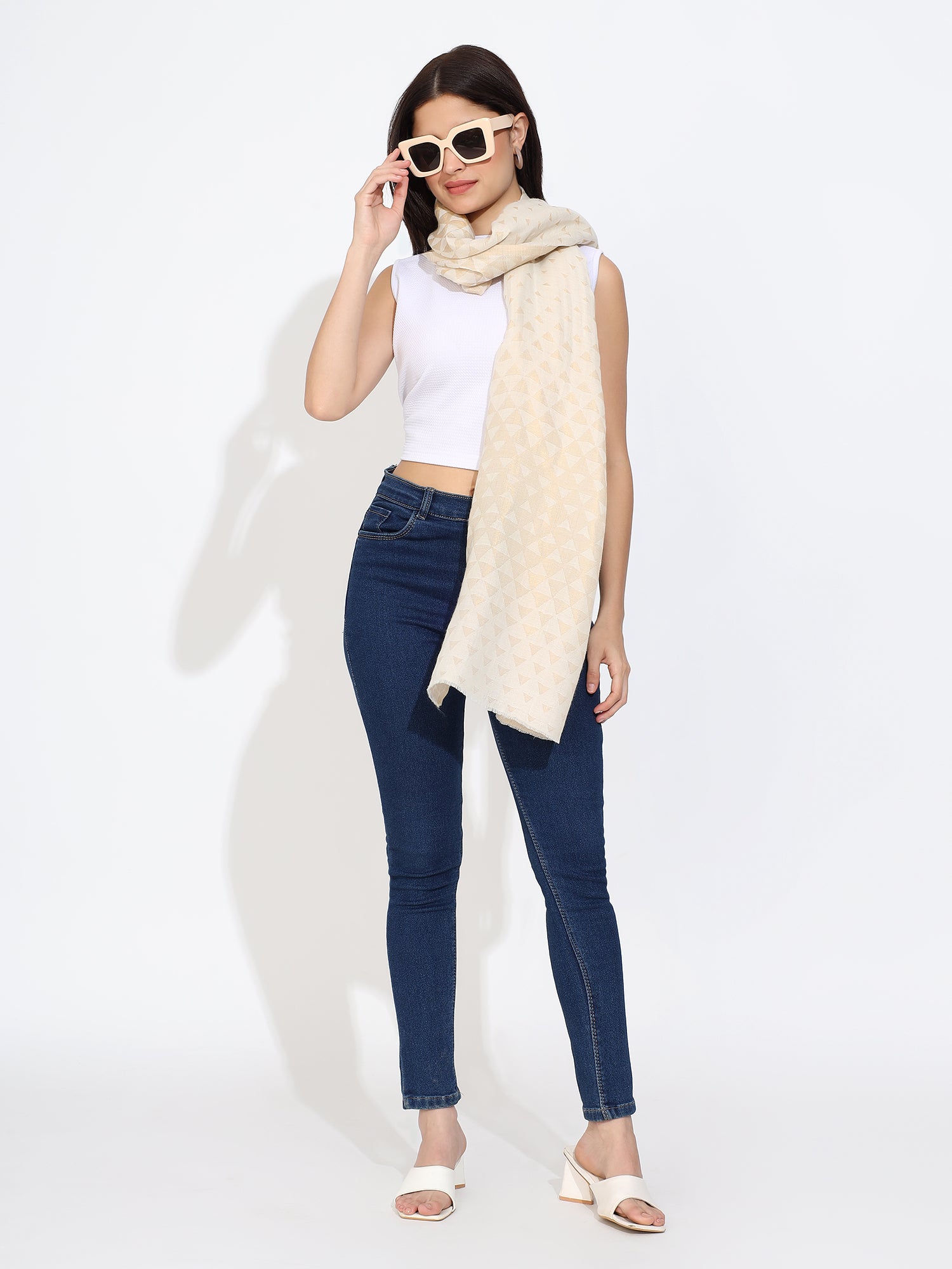 Pashmina Wool Zari Pyramid Stole White