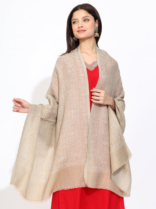 Pashmina Wool Self Zari Stole Beige