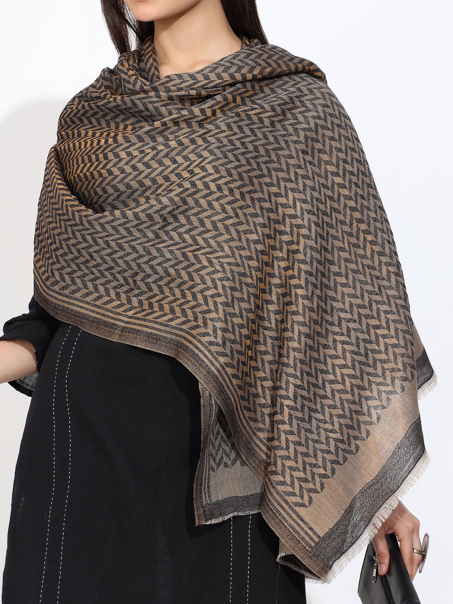 Grey Pashmina Wool Zari Chevron Pattern Stole