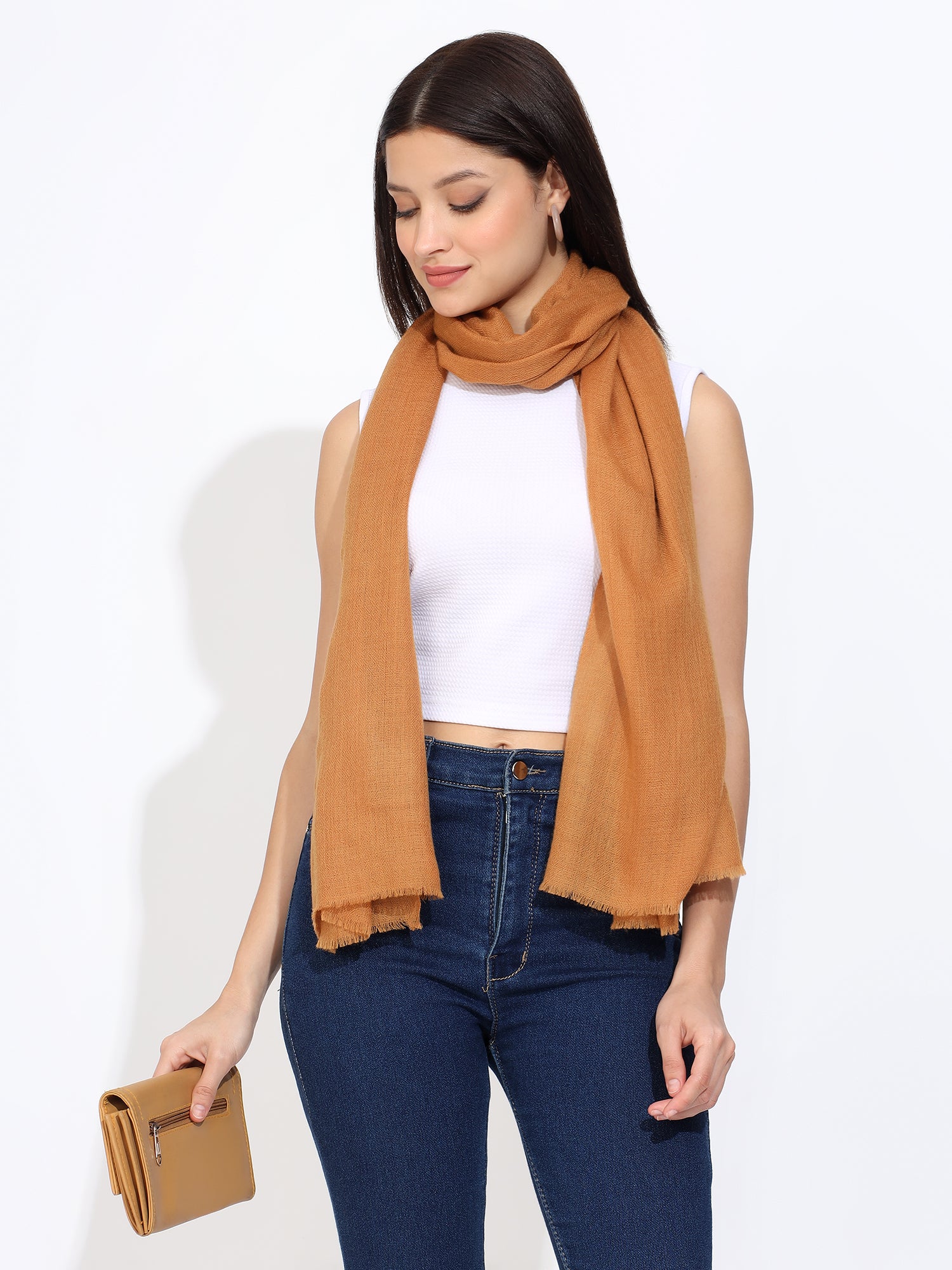 Rust Pashmina Wool Diamond Weave Stole Mustard