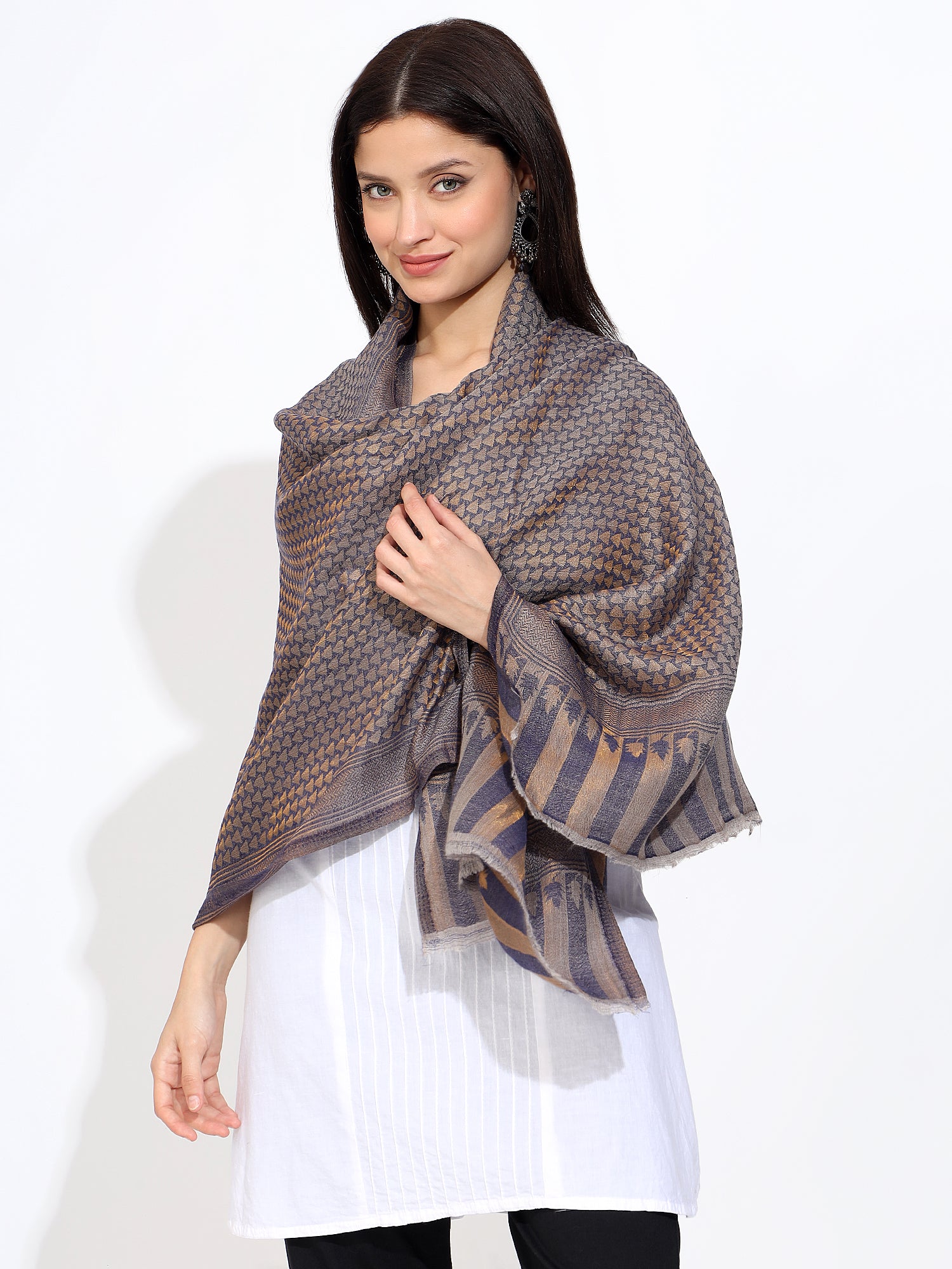 Pashmina Wool Diamond Pattern Self Zari Stole- Blue