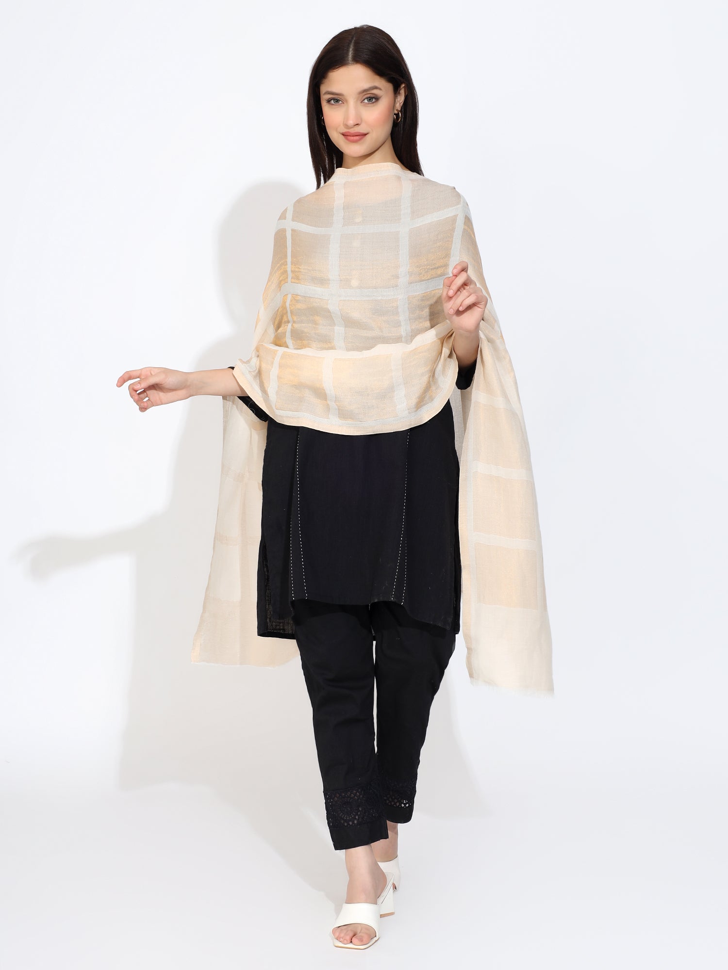 Pashmina Wool Self Zari Stole Off White