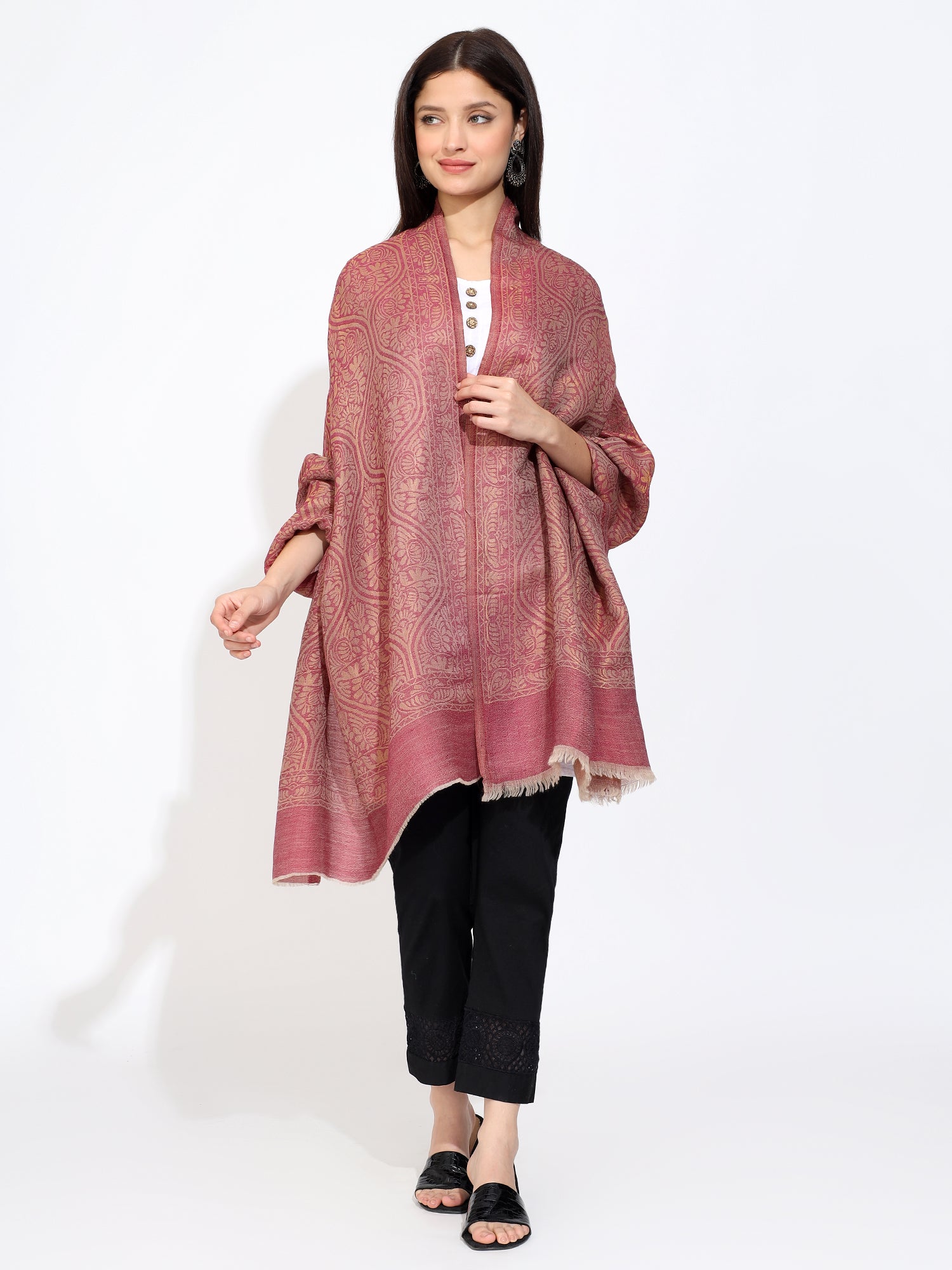 Pink Pashmina Wool Self Zari Stole for Women – Lightweight Luxury Wool Silk Shawl Wrap