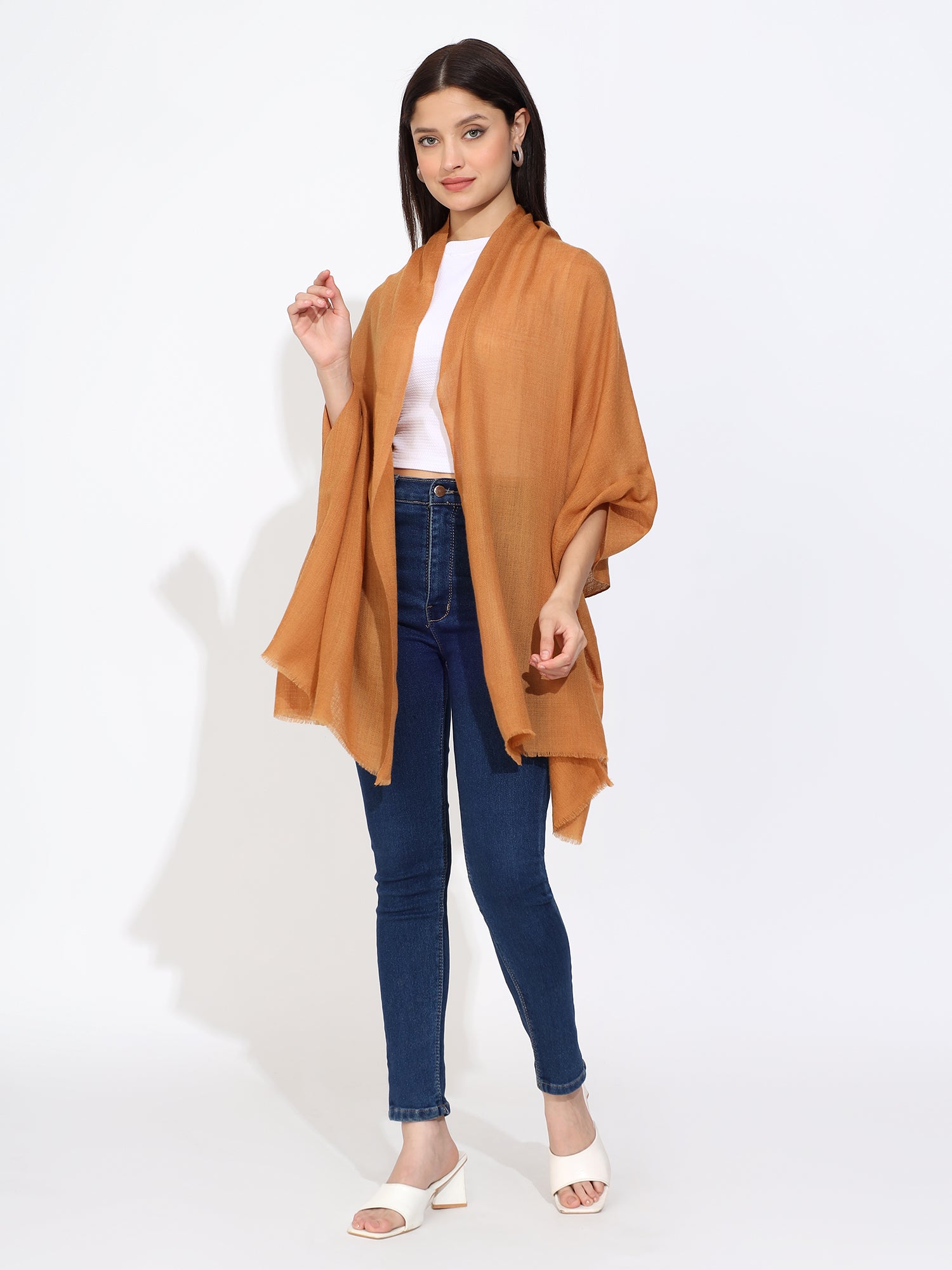 Rust Pashmina Wool Diamond Weave Stole Mustard