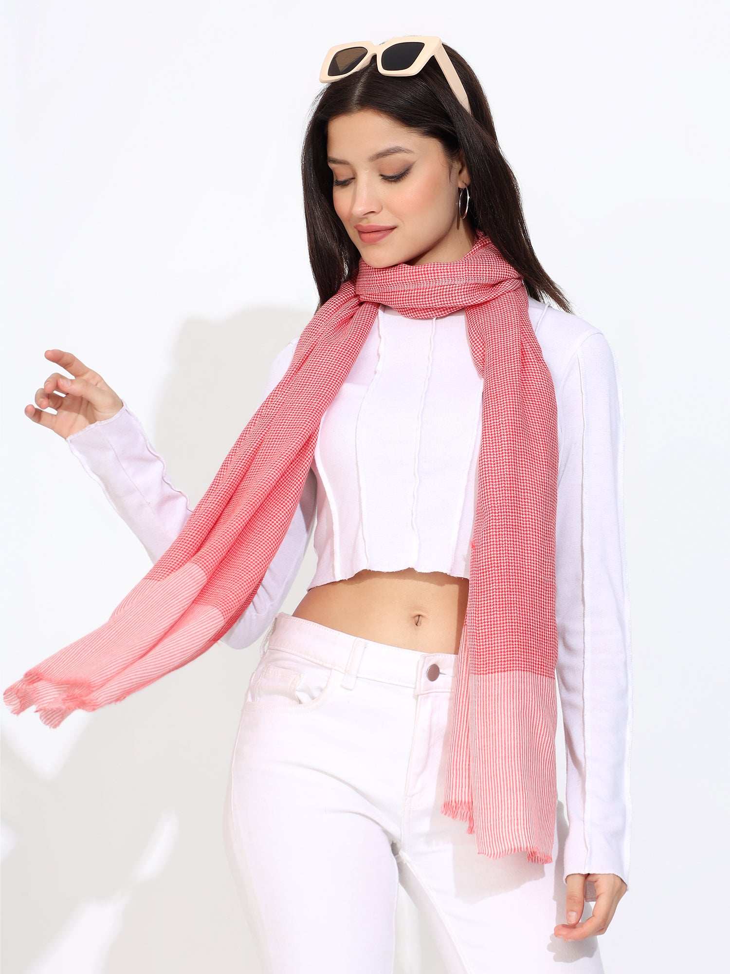 Pashmina Wool Natural Check Border Stole Red