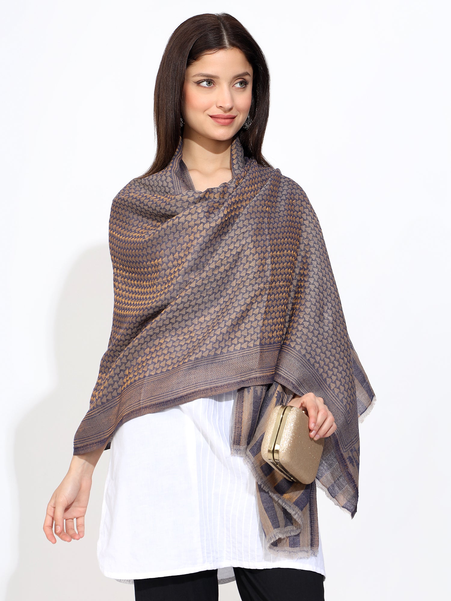 Pashmina Wool Diamond Pattern Self Zari Stole- Blue