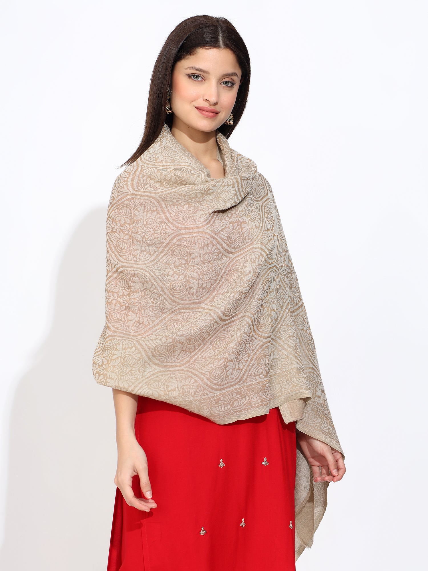 Beige Pashmina Wool Self Zari Stole for Women | Luxury Wool Silk Shawl Wrap | Elabore Luxury