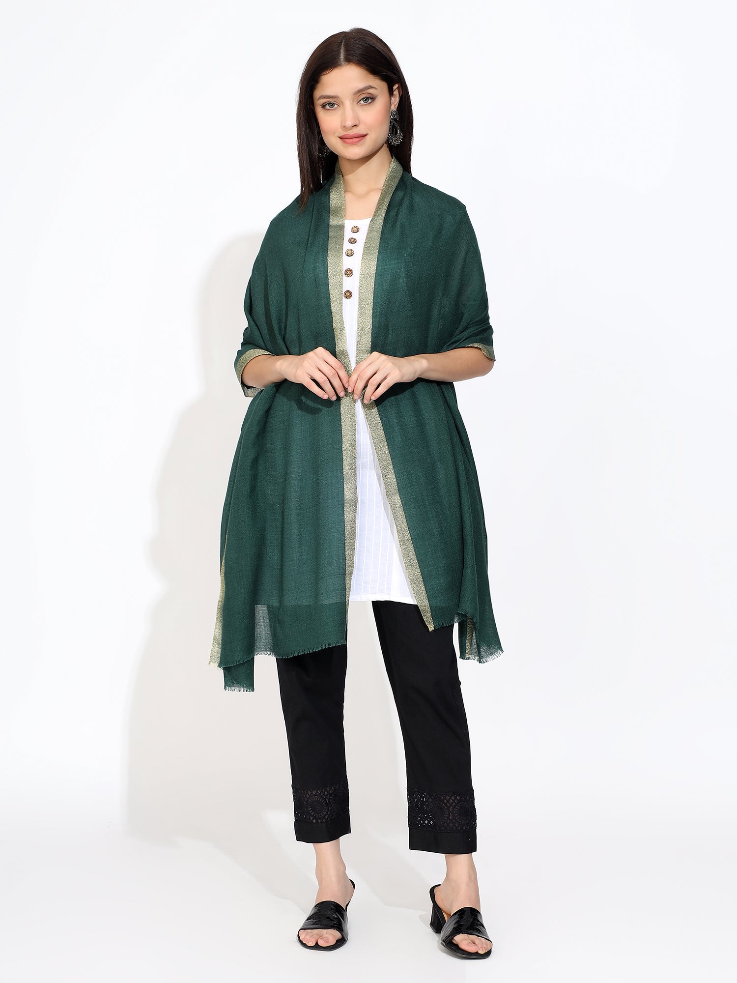 Green Pashmina Wool Zari Kandi Border Stole