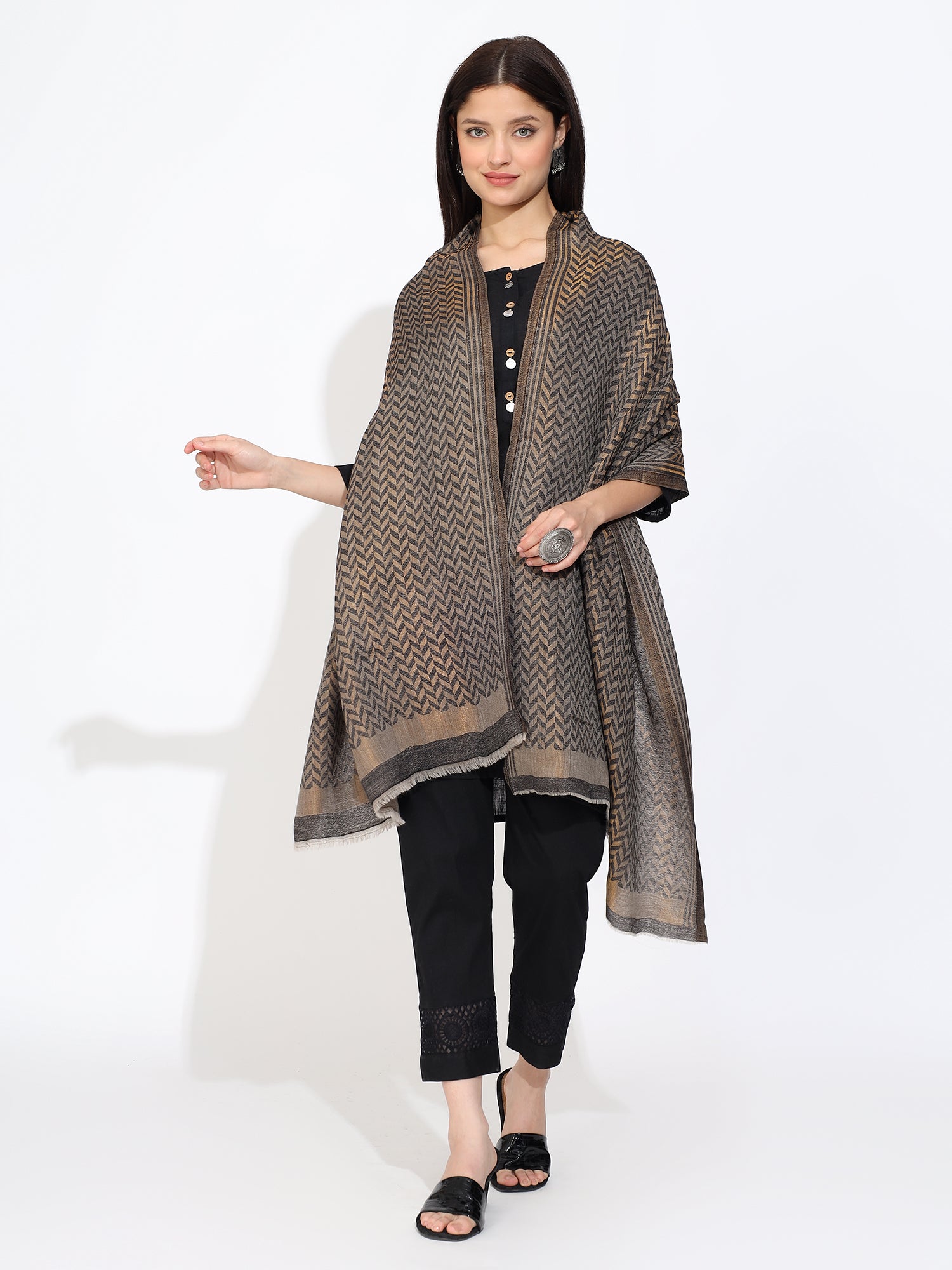 Grey Pashmina Wool Zari Chevron Pattern Stole