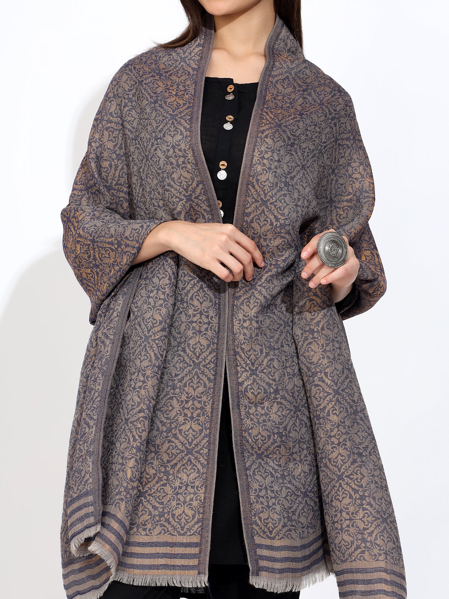 Pashmina Wool Self Zari Stole Blue