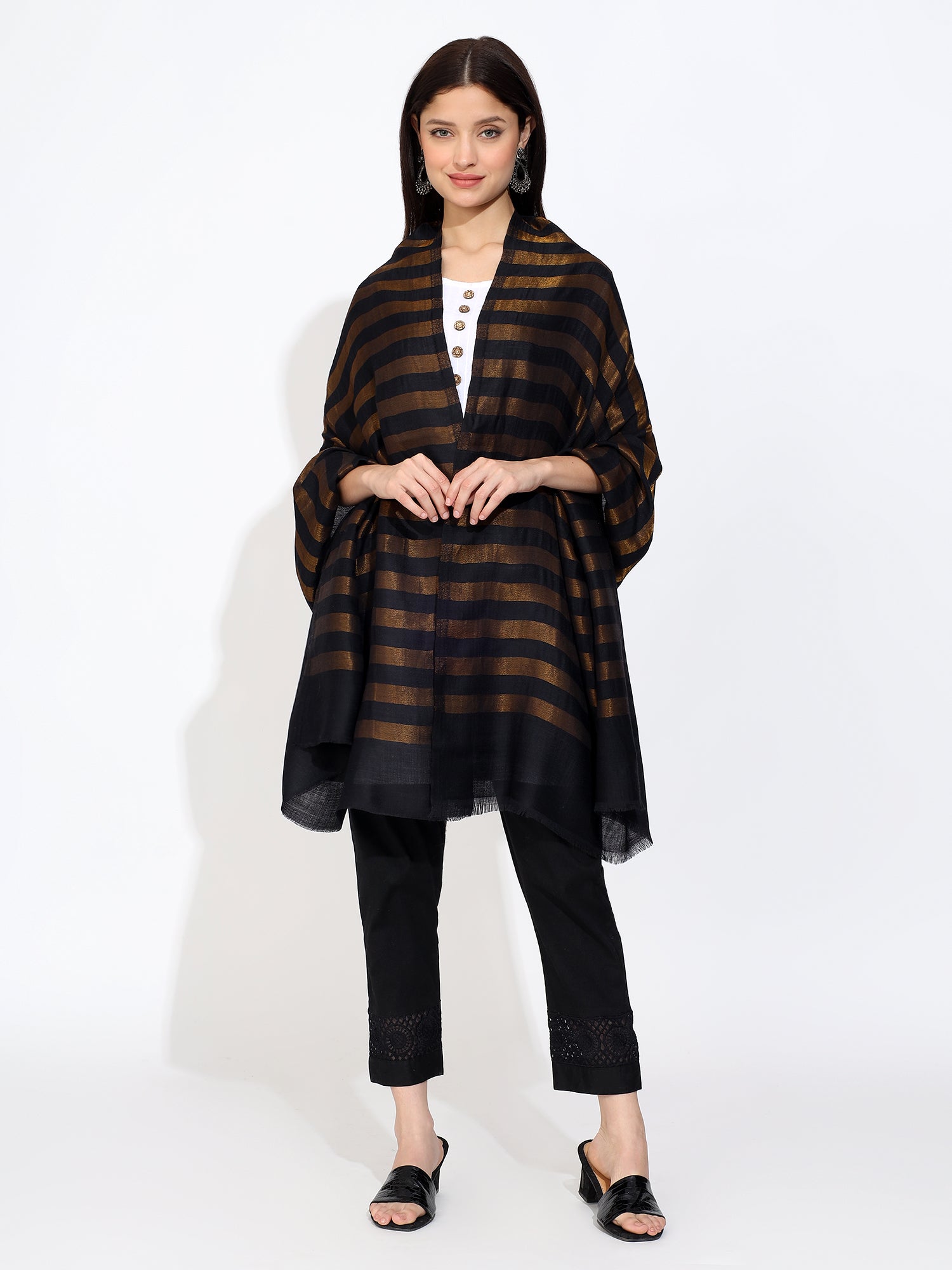 Black Pashmina Wool Zari Large Striped Stole for Women