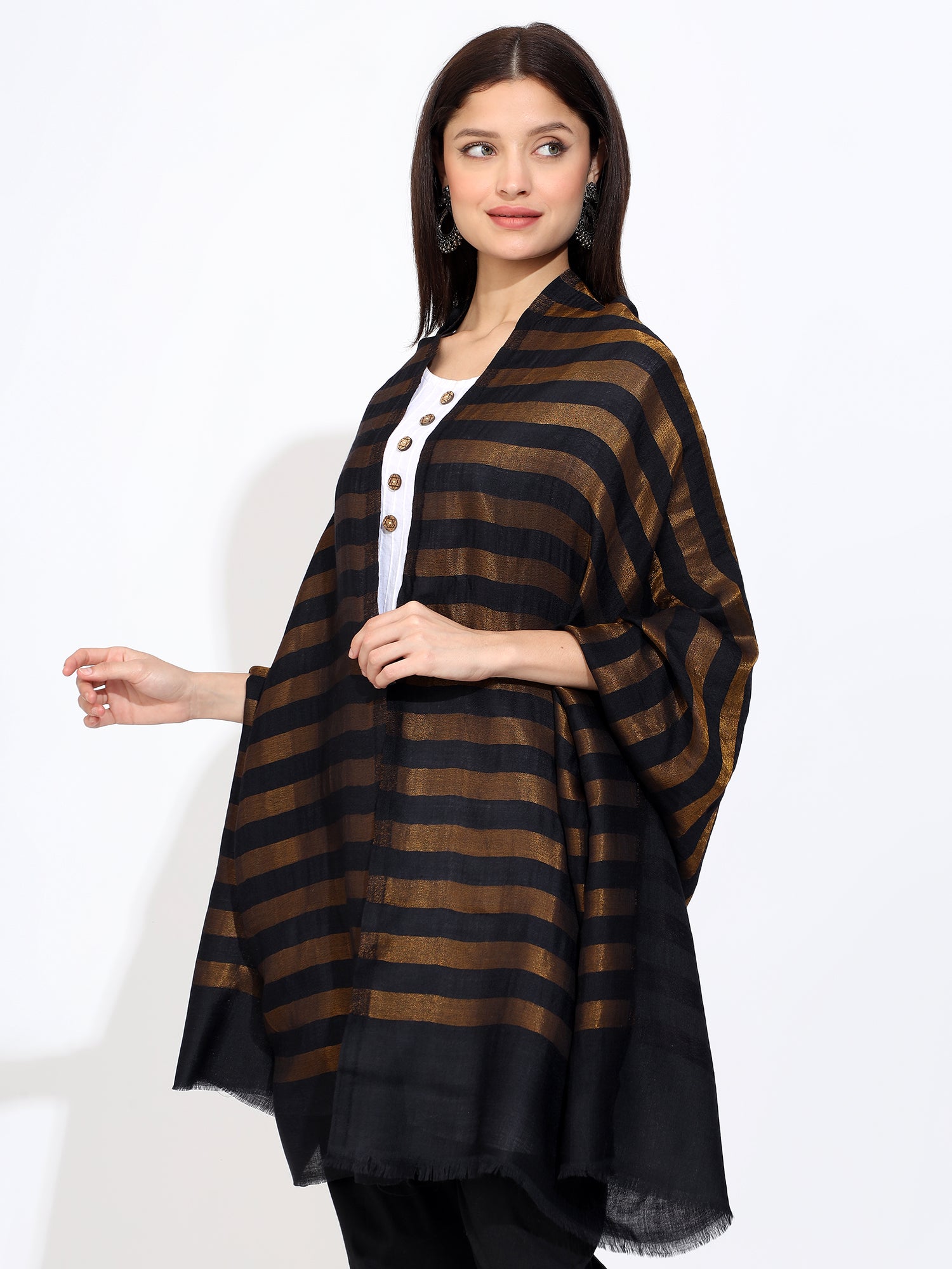 Pashmina Wool Zari Large Stripes Stole Black