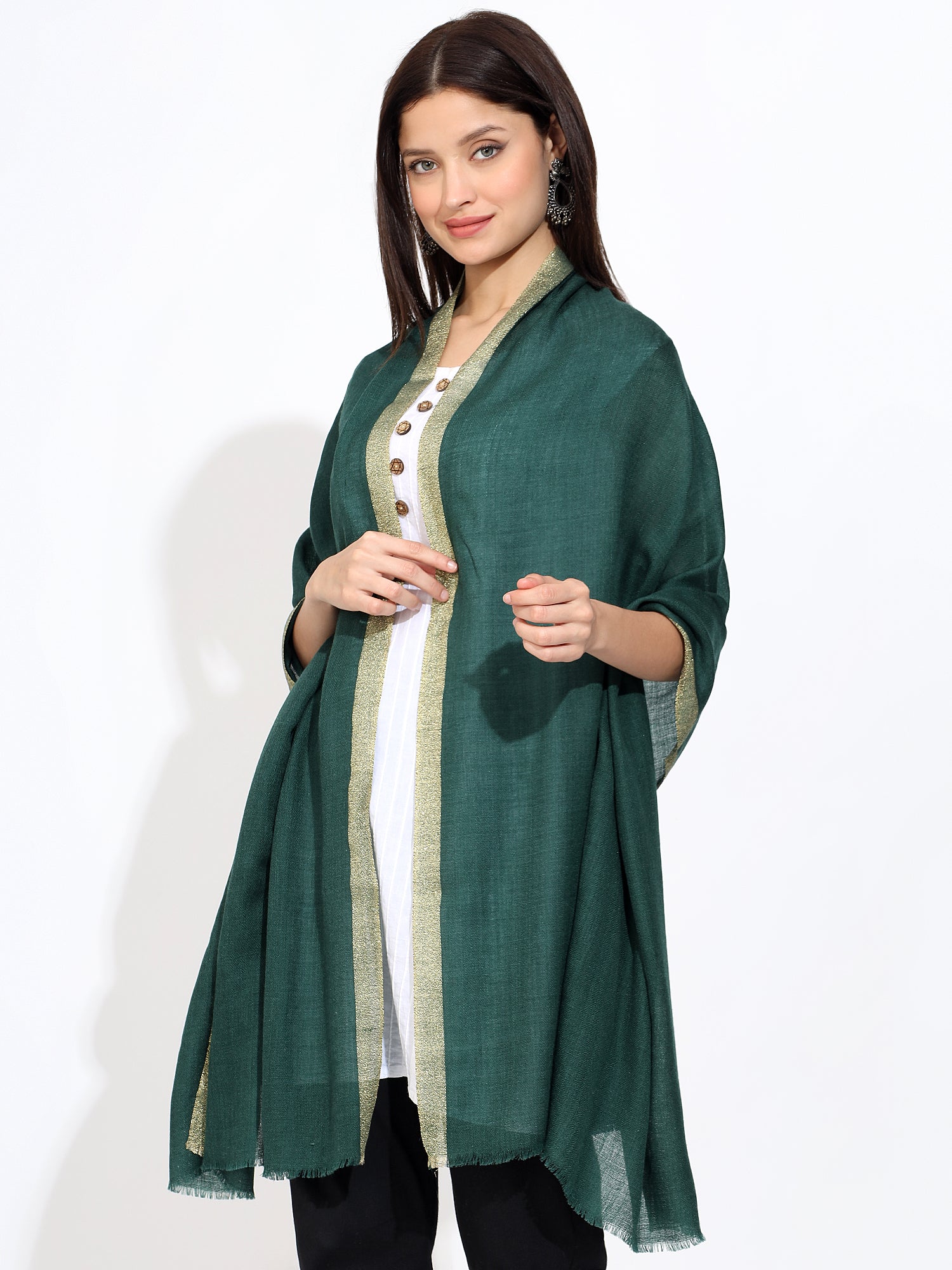 Pashmina Wool Zari Kandi Border Stole in Green – Elegant Lightweight Luxury Wrap for Women