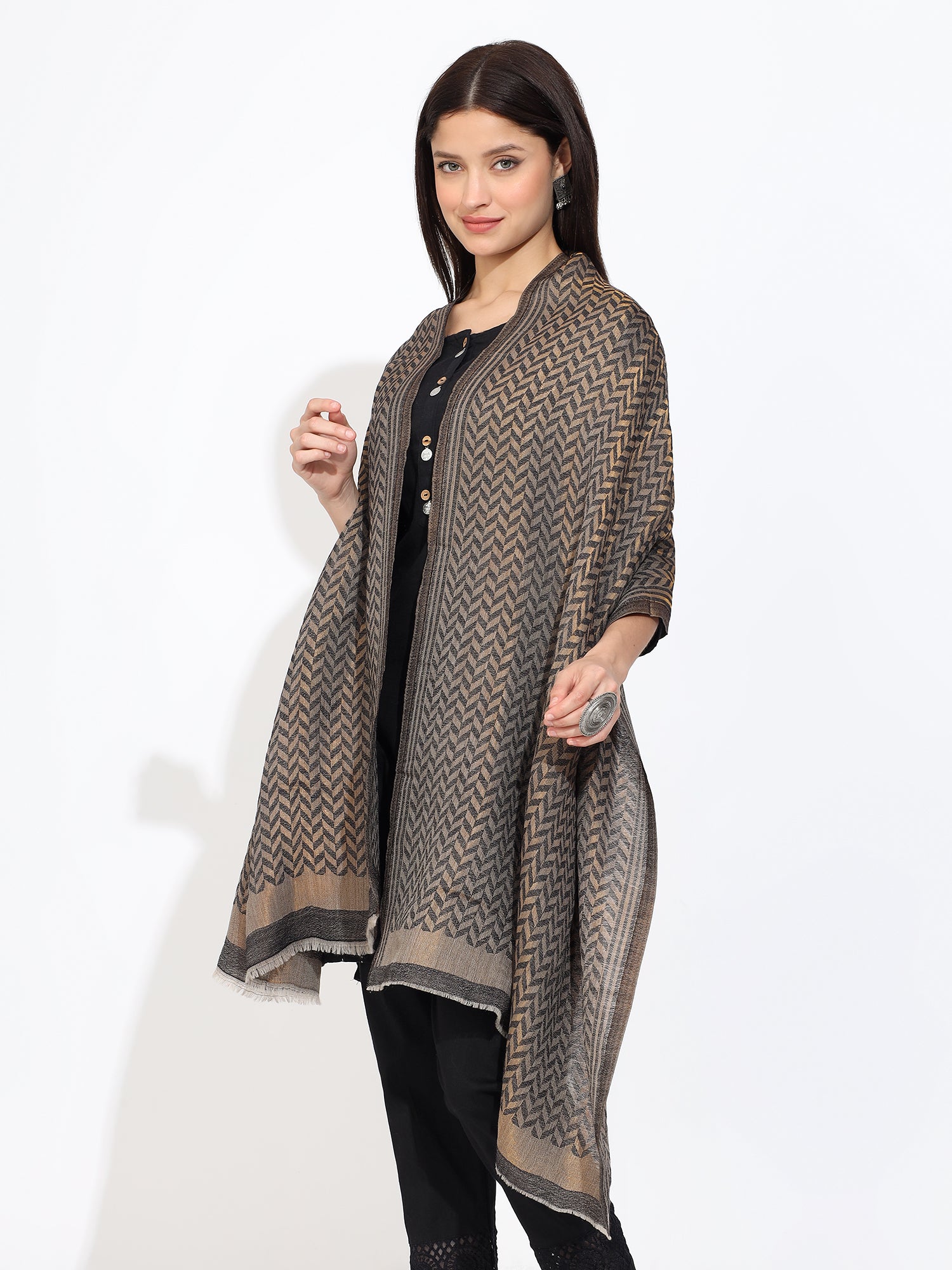 Grey Pashmina Wool Zari Chevron Pattern Stole