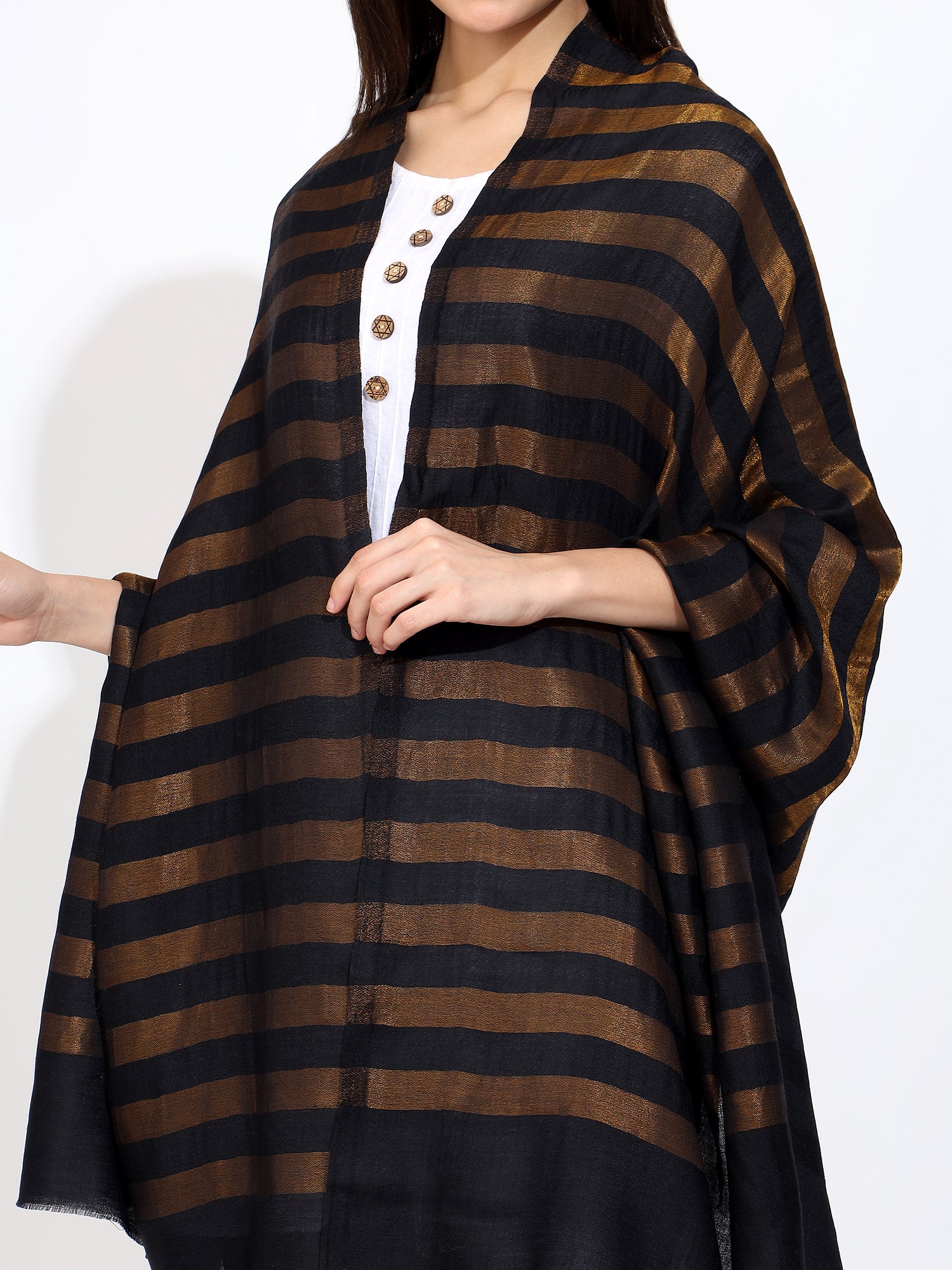Pashmina Wool Zari Large Stripes Stole Black