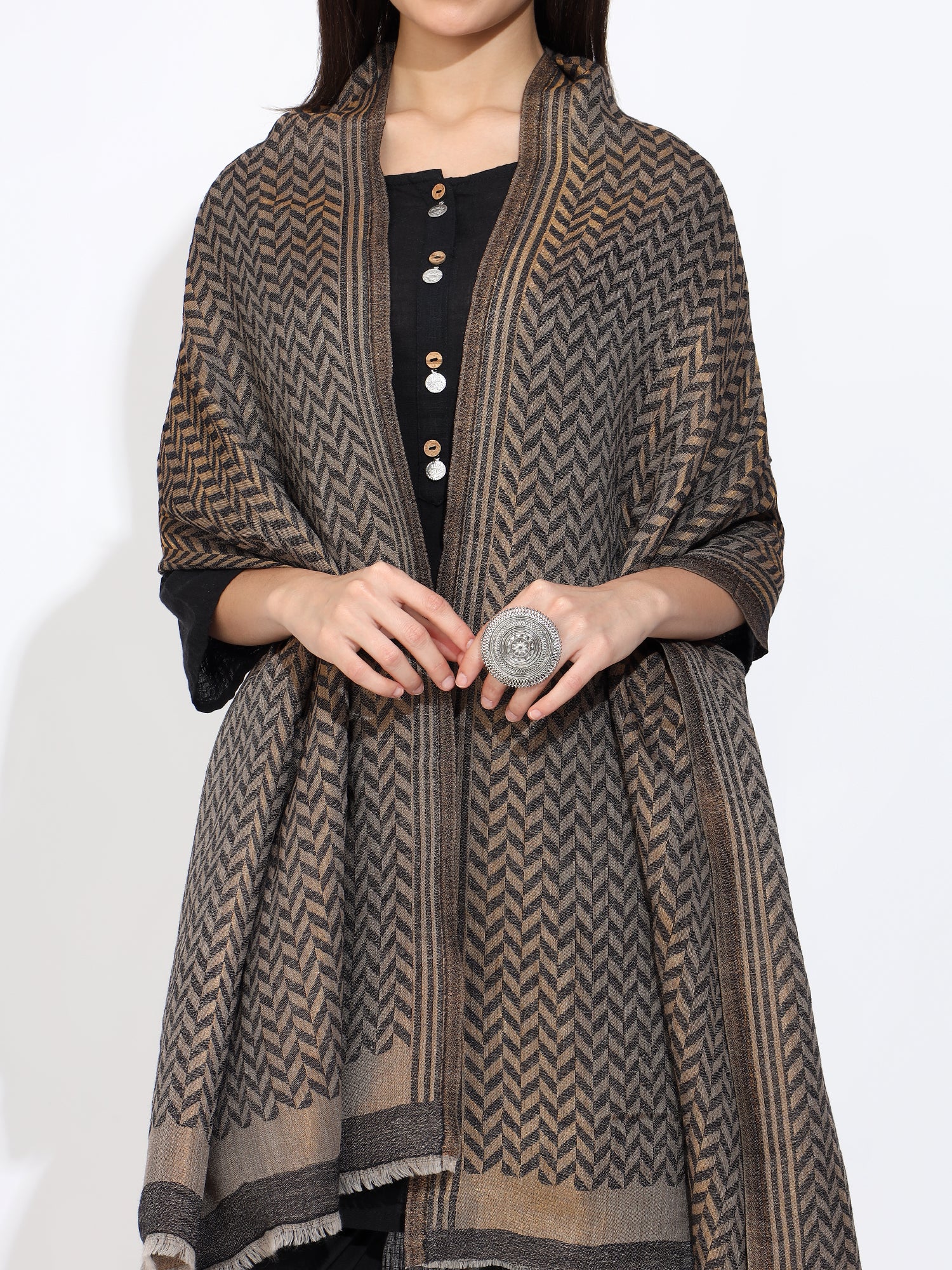 Grey Pashmina Wool Zari Chevron Pattern Stole