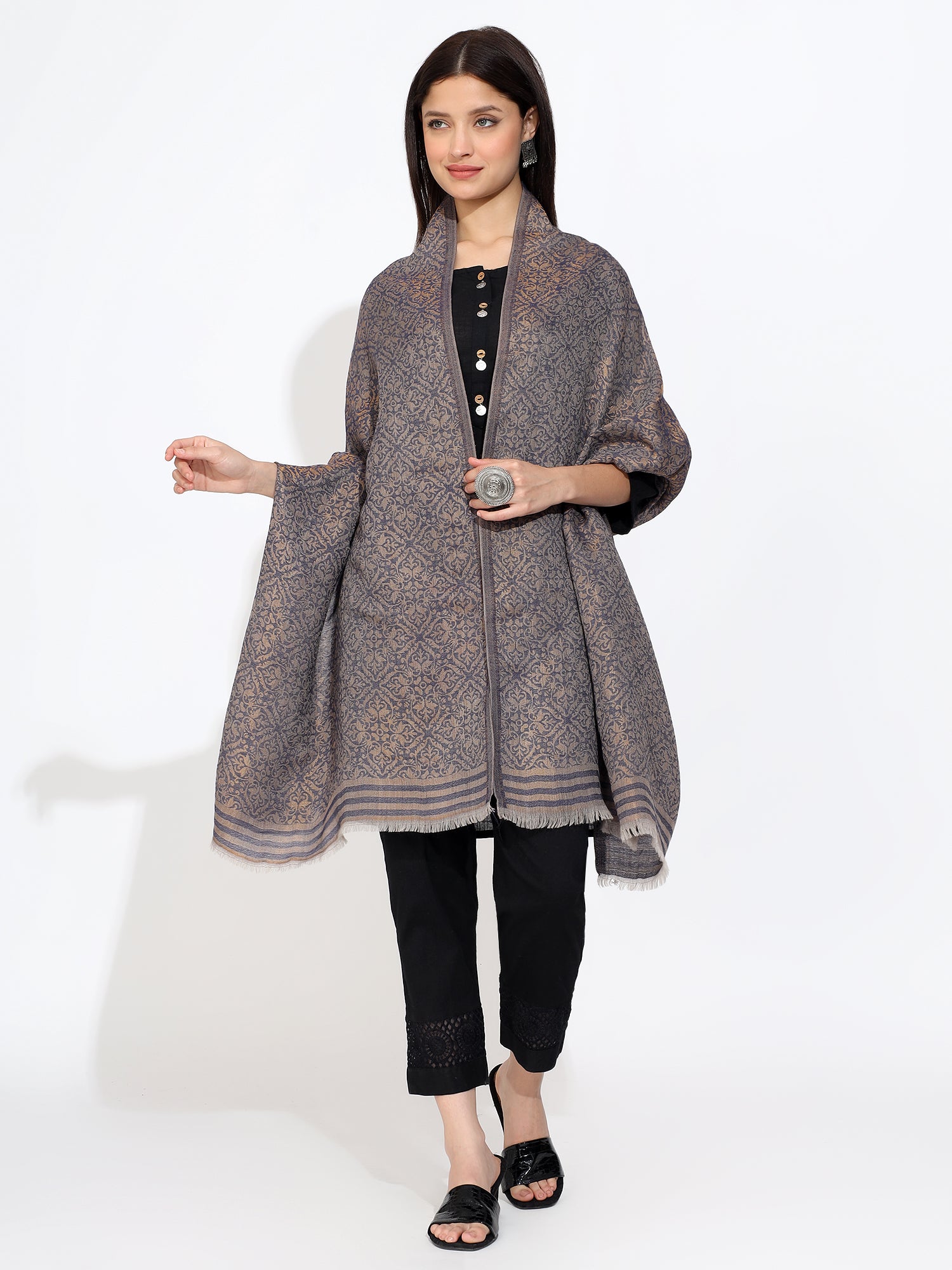 Pashmina Wool Self Zari Stole Blue