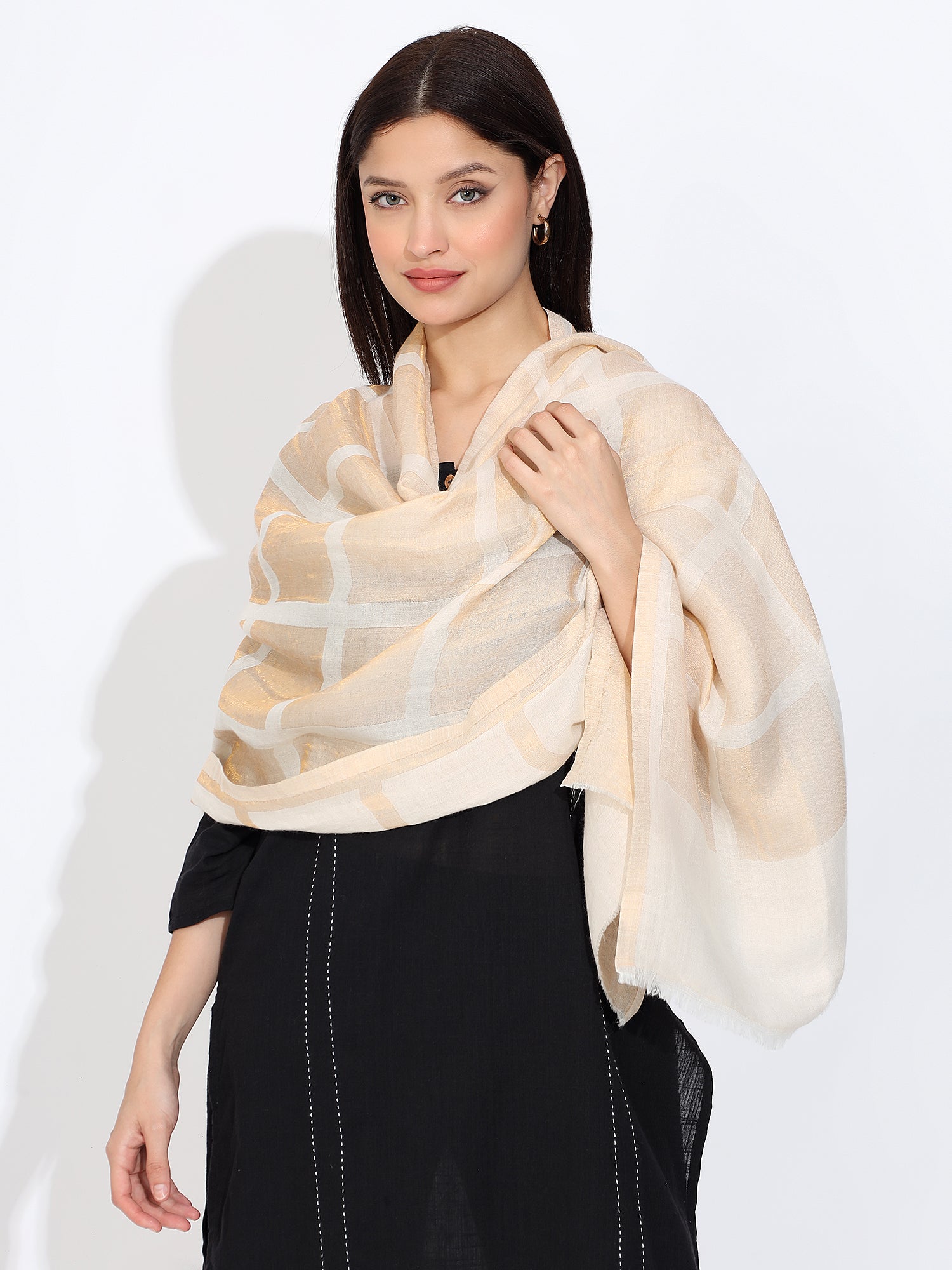 Pashmina Wool Self Zari Stole Off White