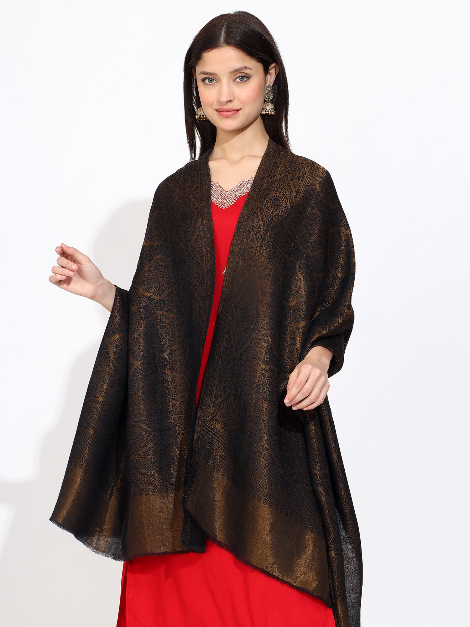 Navy Blue Pashmina Stole with Self Zari Work