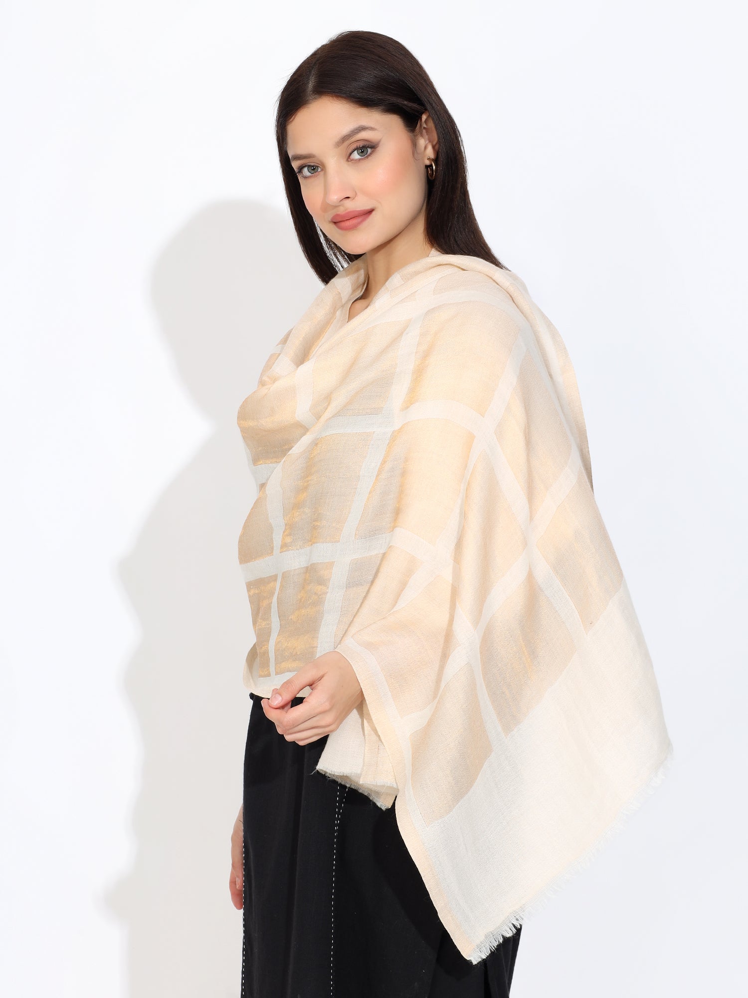 Pashmina Wool Self Zari Stole Off White