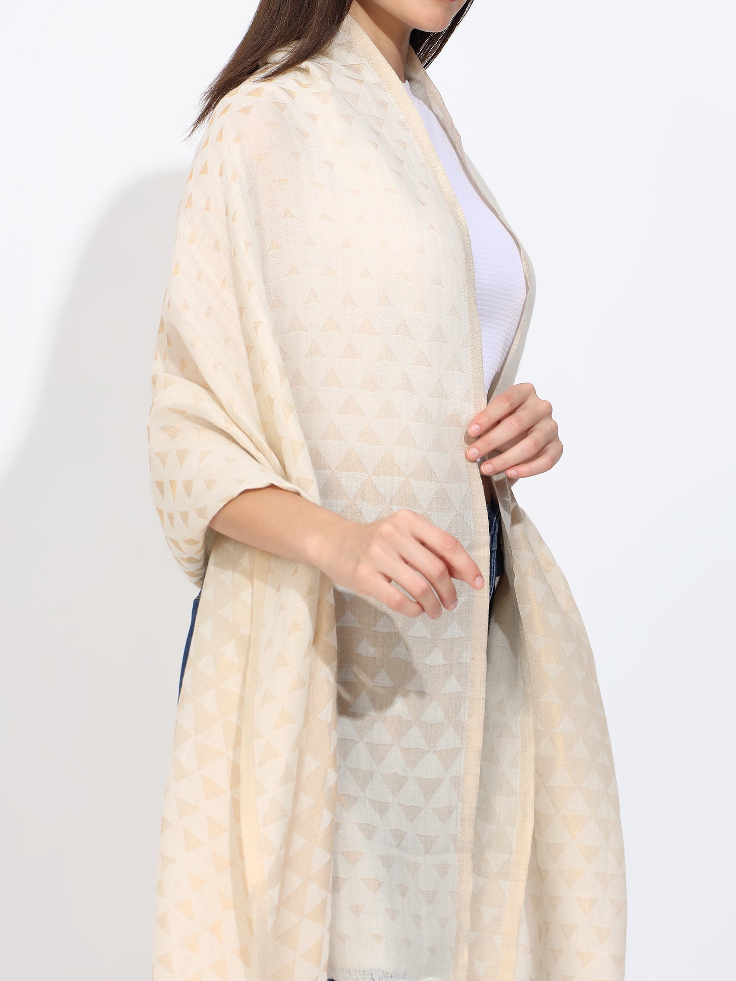 Pashmina Wool Zari Pyramid Stole White