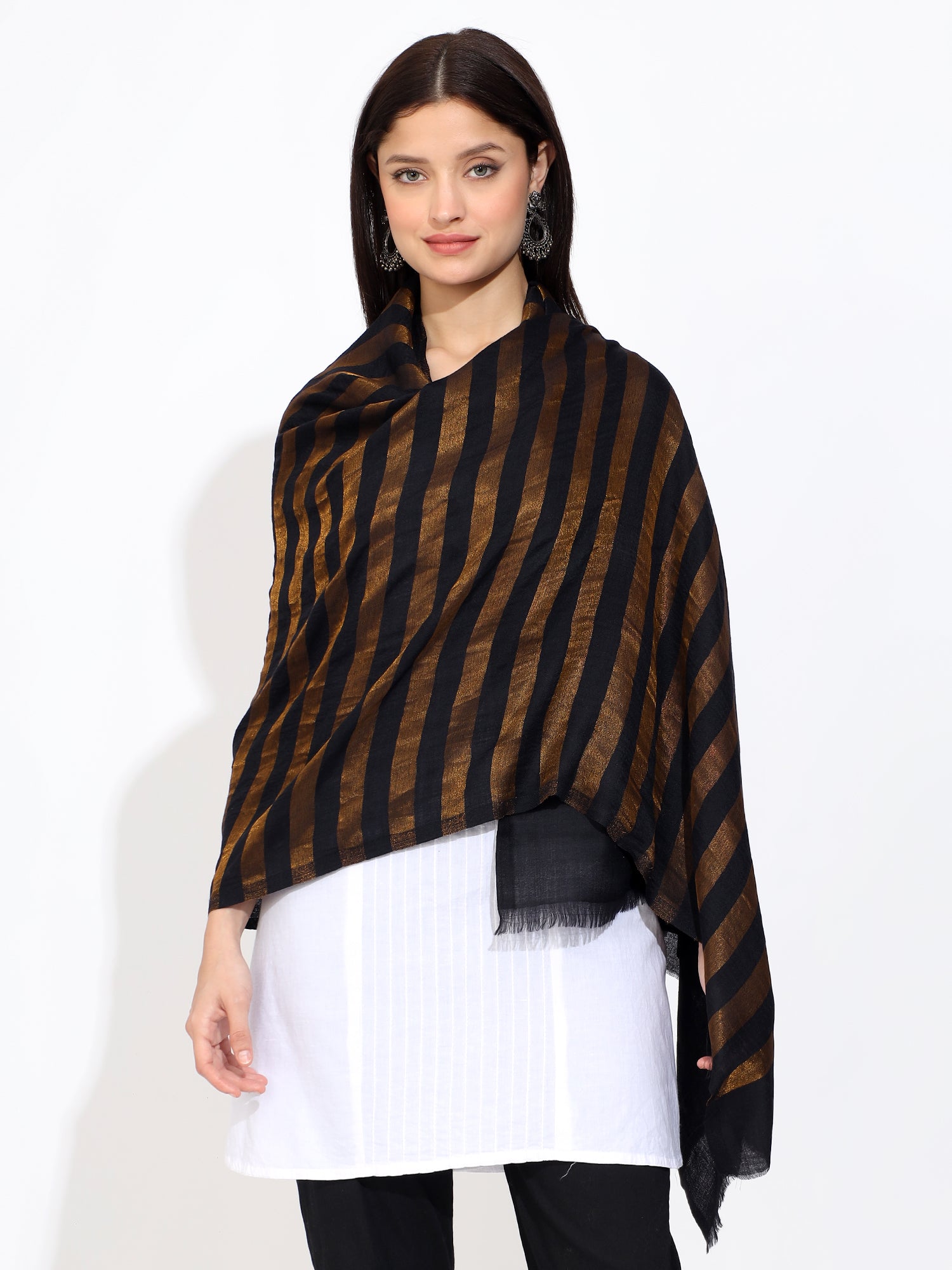 Black Pashmina Wool Zari Large Striped Stole for Women