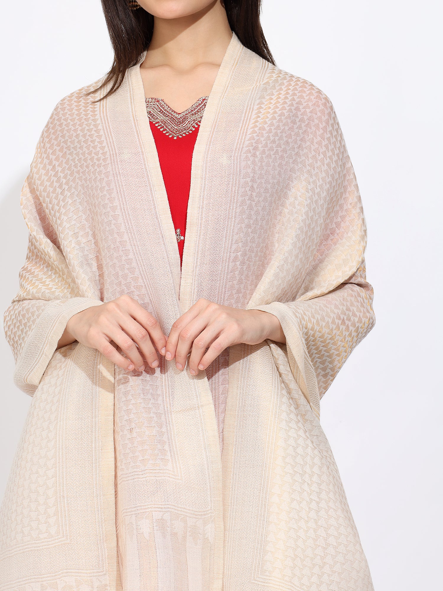 Pashmina Wool Diamond Pattern Self Zari Stole- Off White