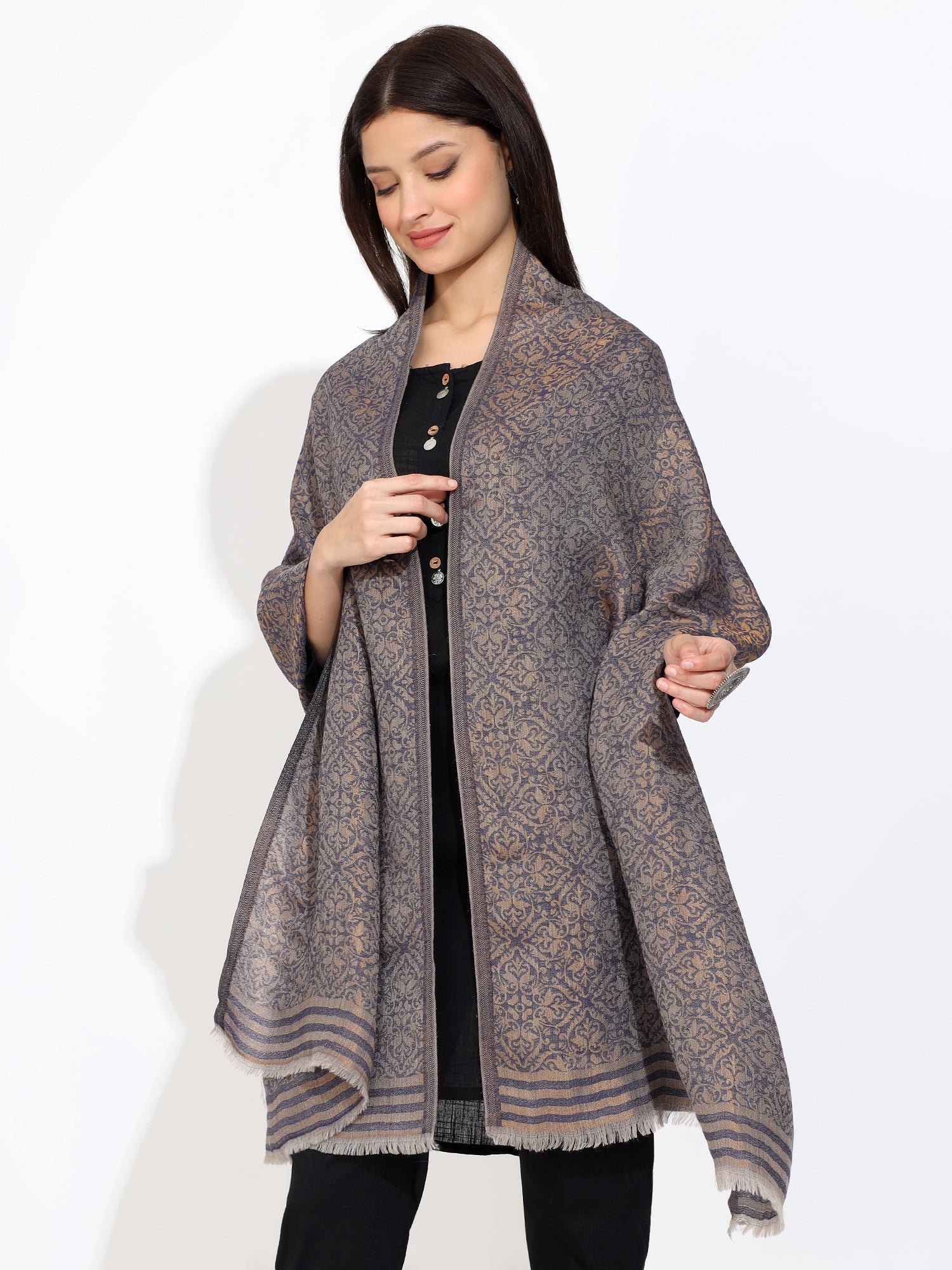 Pashmina Wool Self Zari Stole Blue