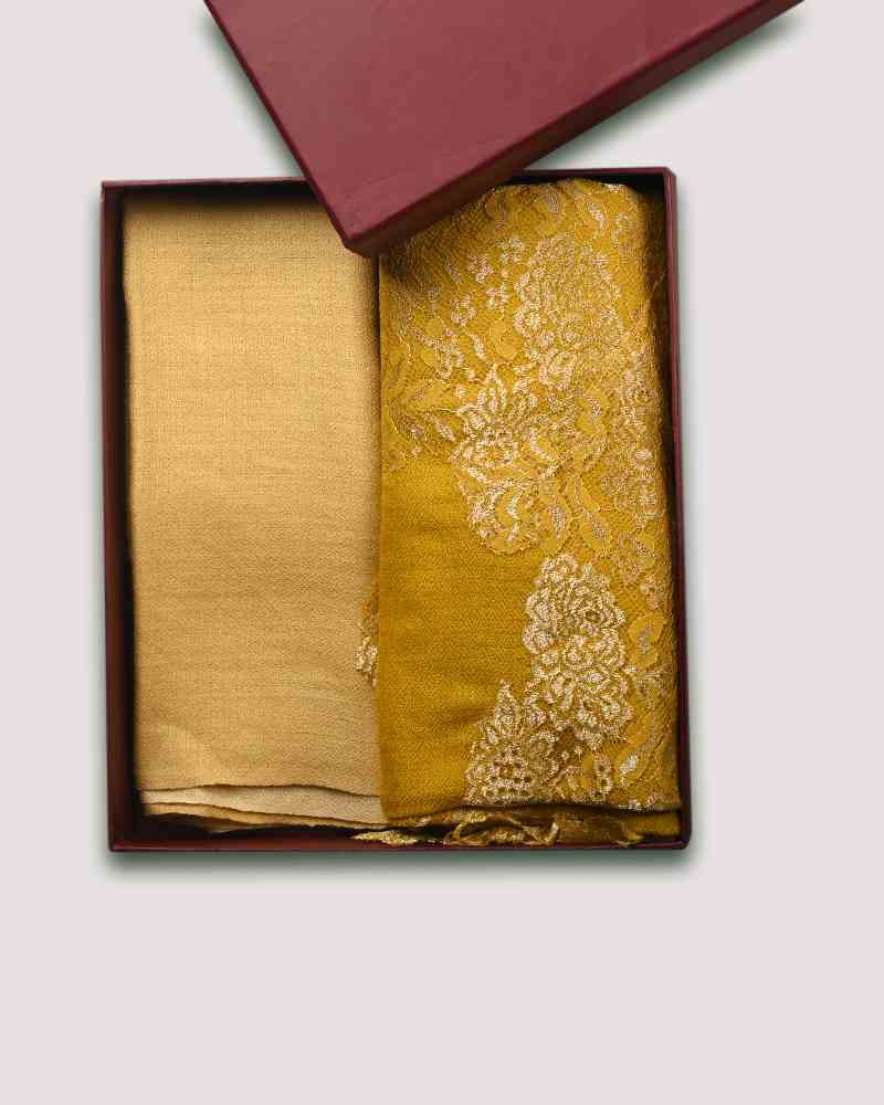 Yellow Fine Wool Shining Lace Stole & Yellow Fine Wool Diamond Ombre Muffler Combo