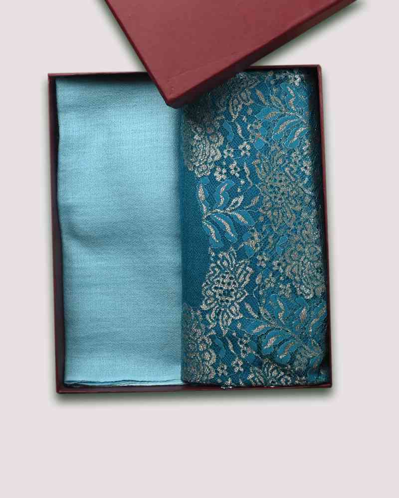 Turquoise Fine Wool Shining Lace Stole & Blue Fine Wool Diamond Ombre Muffler Combo
