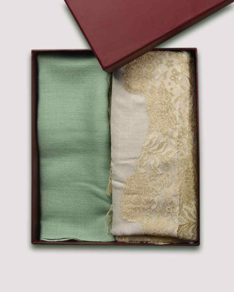 White Fine Wool Shining Lace Stole & Green Fine Wool Diamond Ombre Muffler Combo