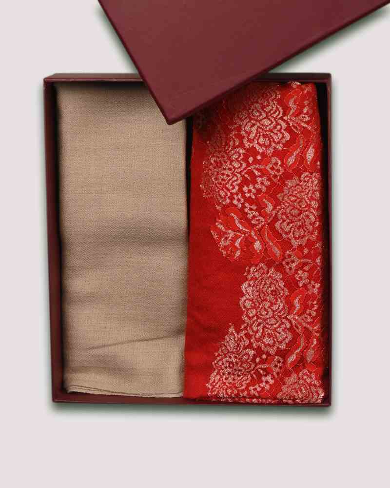 Red Fine Wool Shining Lace Stole & Brown Fine Wool Diamond Ombre Muffler Combo