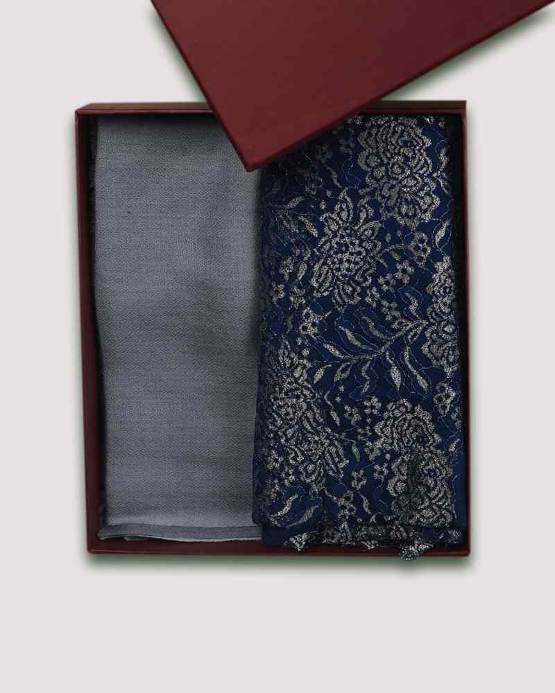 Navy Blue Fine Wool Shining Lace Stole & Grey Fine Wool Diamond Ombre Muffler Combo