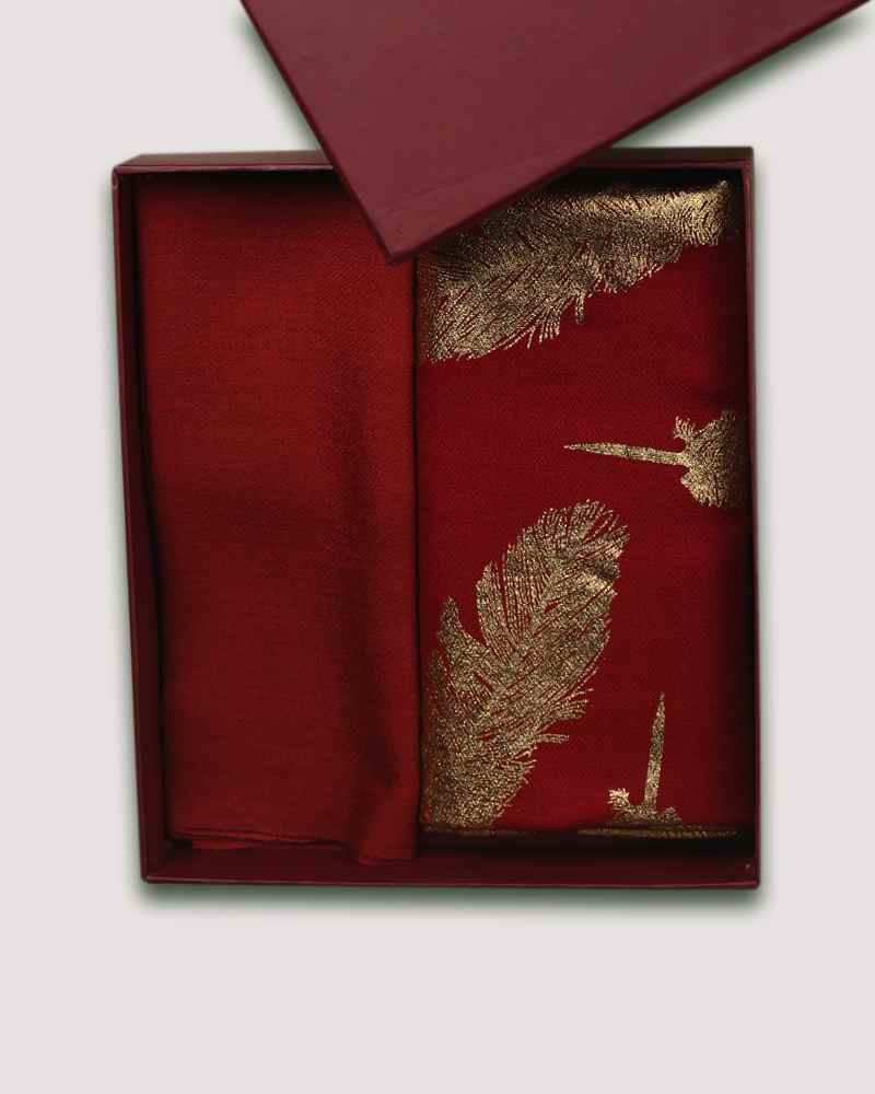 Maroon Fine Wool Foil Print Stole & Maroon Fine Wool Diamond Weave Muffler Combo