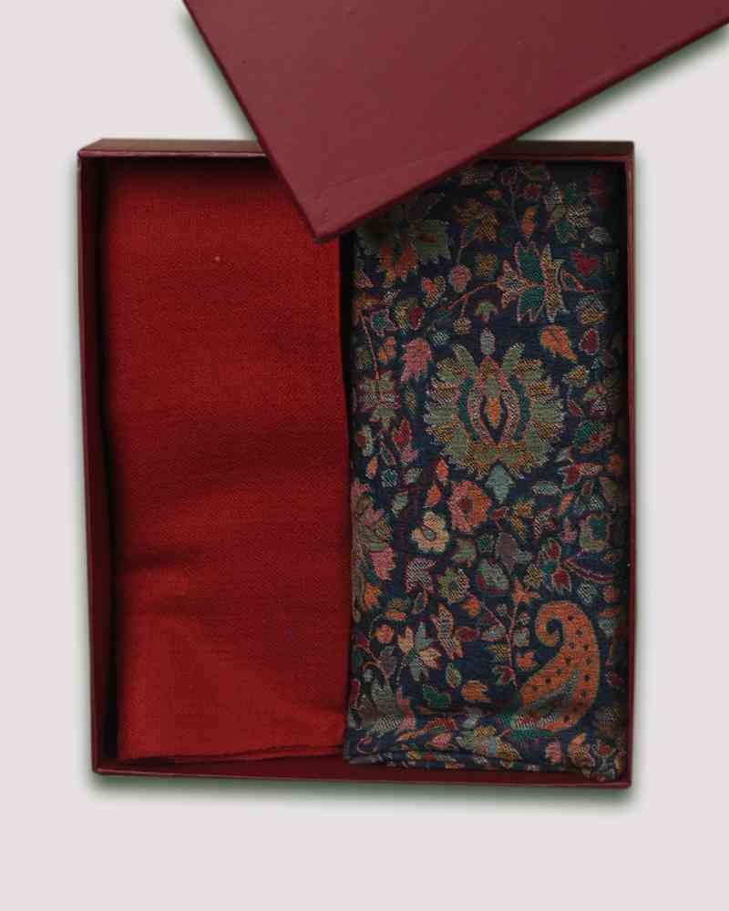 Grey Fine Wool Kani Stole & Maroon Fine Wool Diamond Weave Muffler Combo