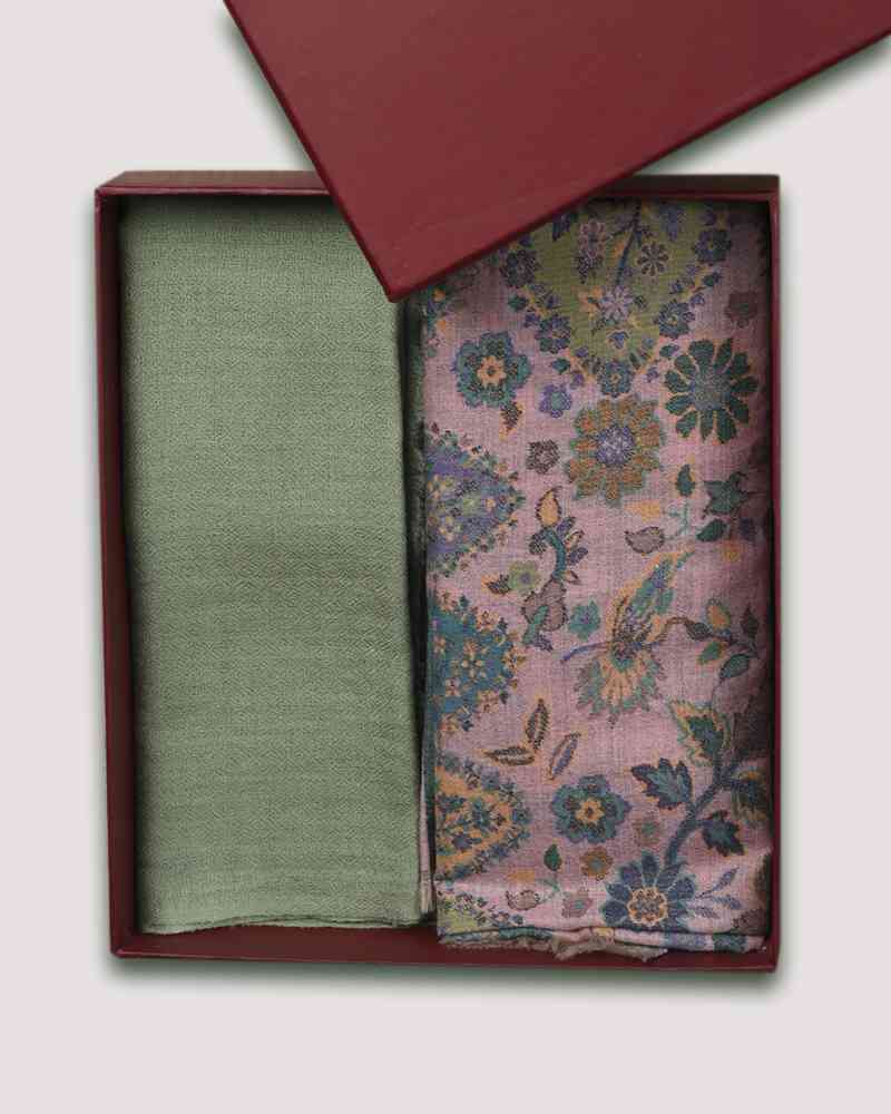 Pink Fine Wool Kani Stole & Green Fine Wool Diamond Weave Muffler Combo