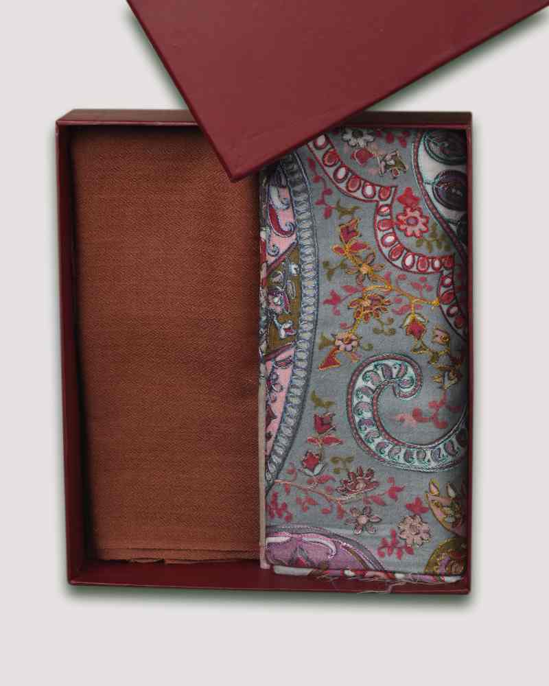 Grey Fine Wool Kalamkari Embroidery Shawl & Brown Fine Wool Diamond Weave Muffler Combo