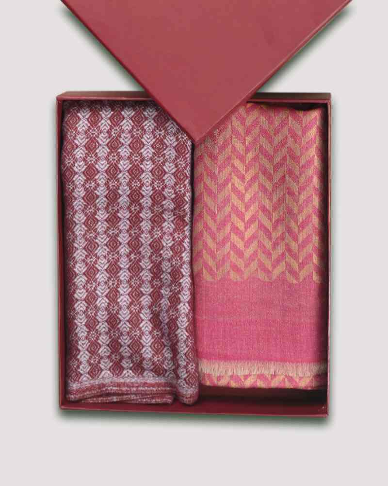 Red Fine Wool Zari Chevron Pattern Stole & Red Acrylic Texture Muffler Combo