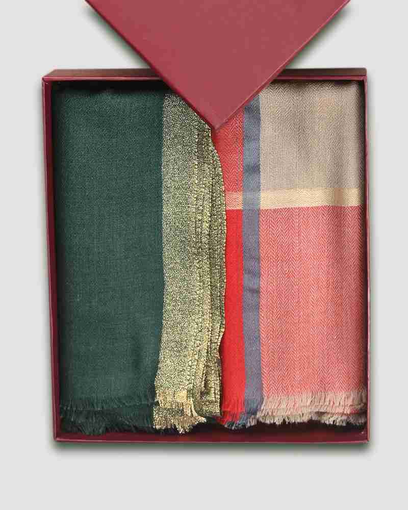 Red Fine Wool Silk Box Stole & Green Fine Wool Zari Kandi Border Stole Combo