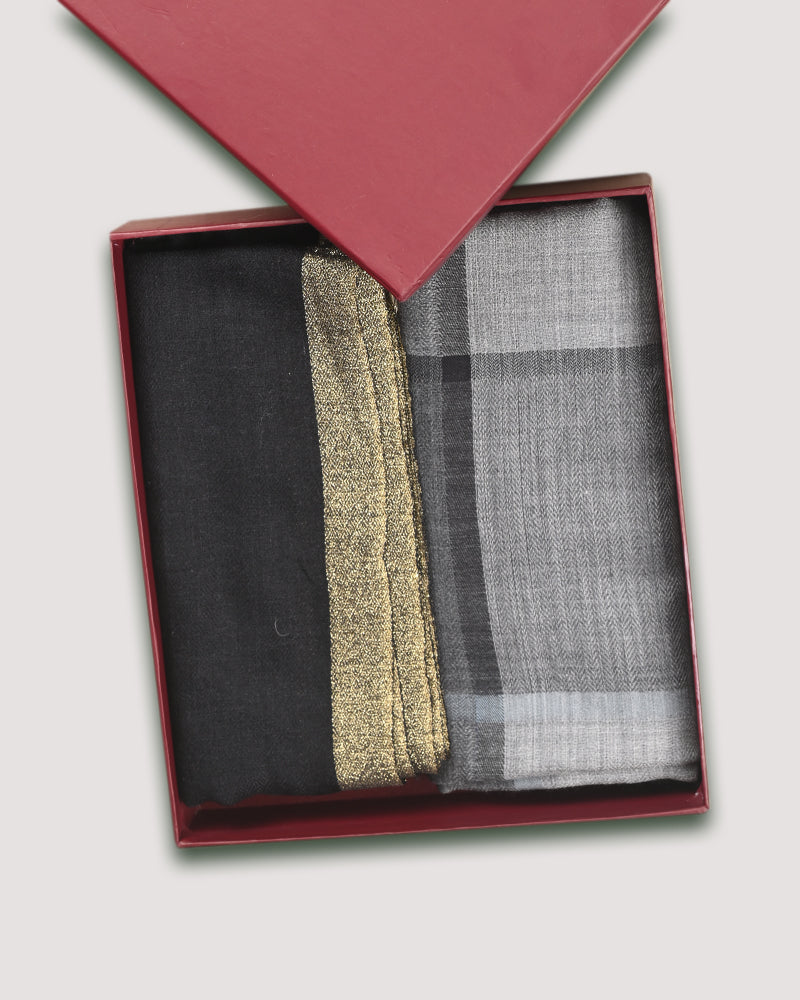 Black Fine Wool Silk Box Stole & Grey Fine Wool Zari Kandi Border Stole Combo